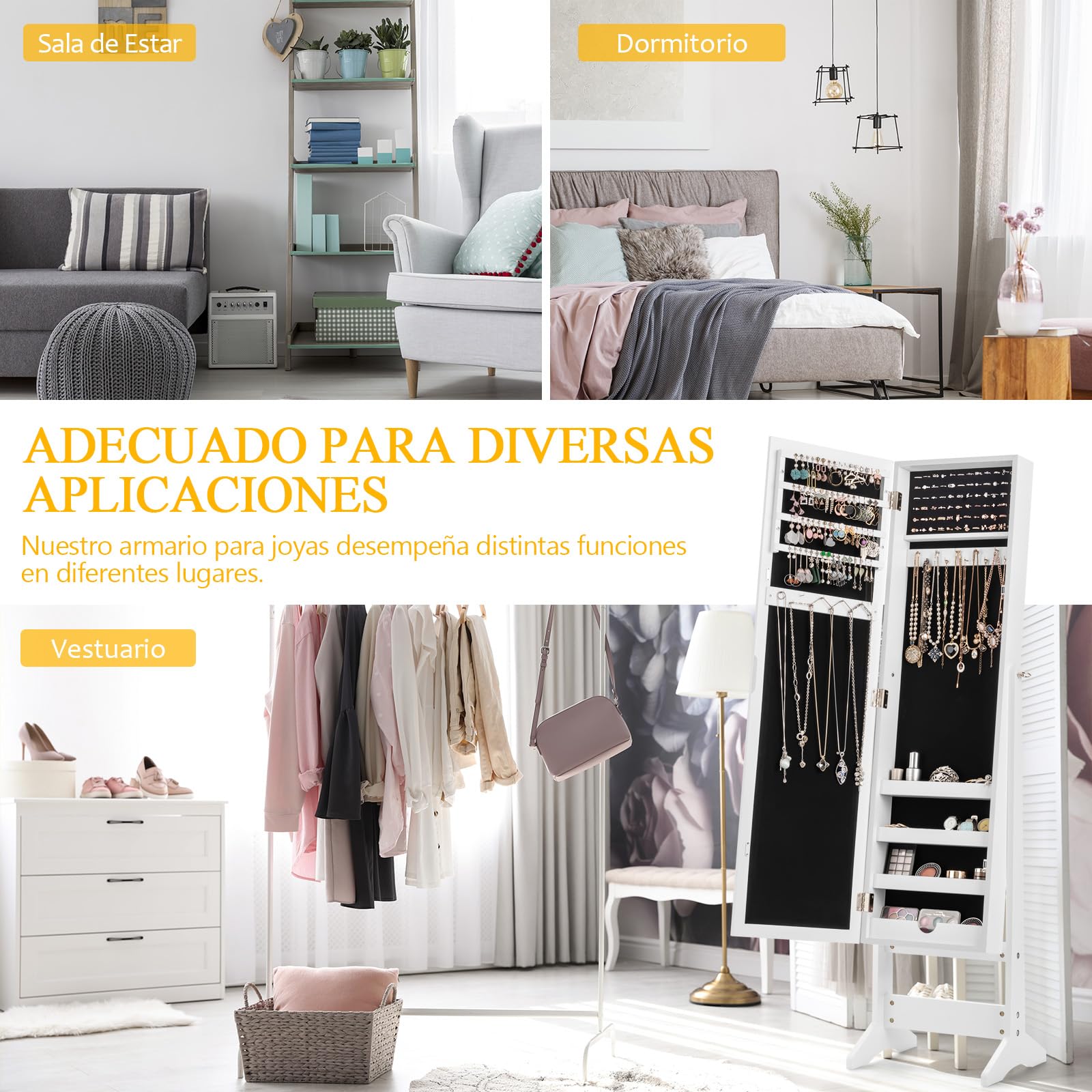 RELAX4LIFE Armario para Joyas con Patas, Joyero con Espejo de Cuerpo Entero Ajustables en 4 Ángulos, Organizador de Joyas con Puerta Magnética para Pendientes, Collares y Anillos (Blanco)