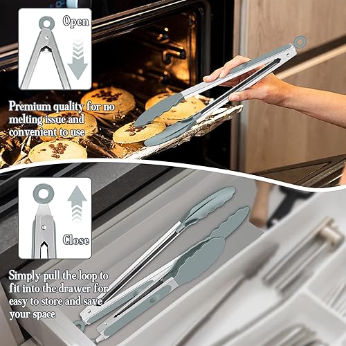Miniatura 6 de TeamFar Pinzas de cocina, pinzas de cocina de acero inoxidable de 9 y 12 pulgadas con puntas de silicona para cocinar a la parrilla y hacer