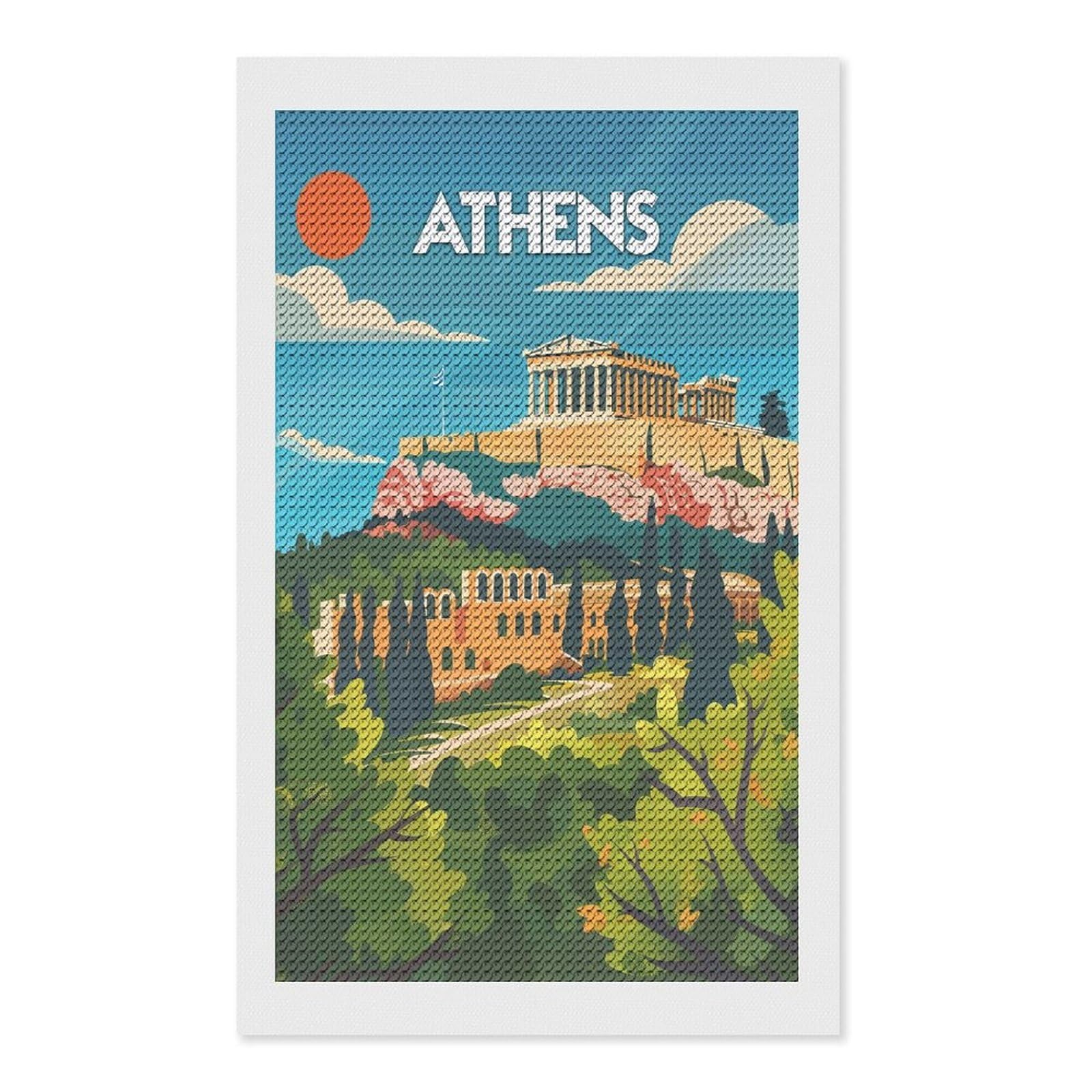 Junmoney Athens Acropolis View DIY Diamond Art Canvas Kit 12"x20", for Teens, Finish and Display, Holiday Gift Idea, Vintage Style Decor