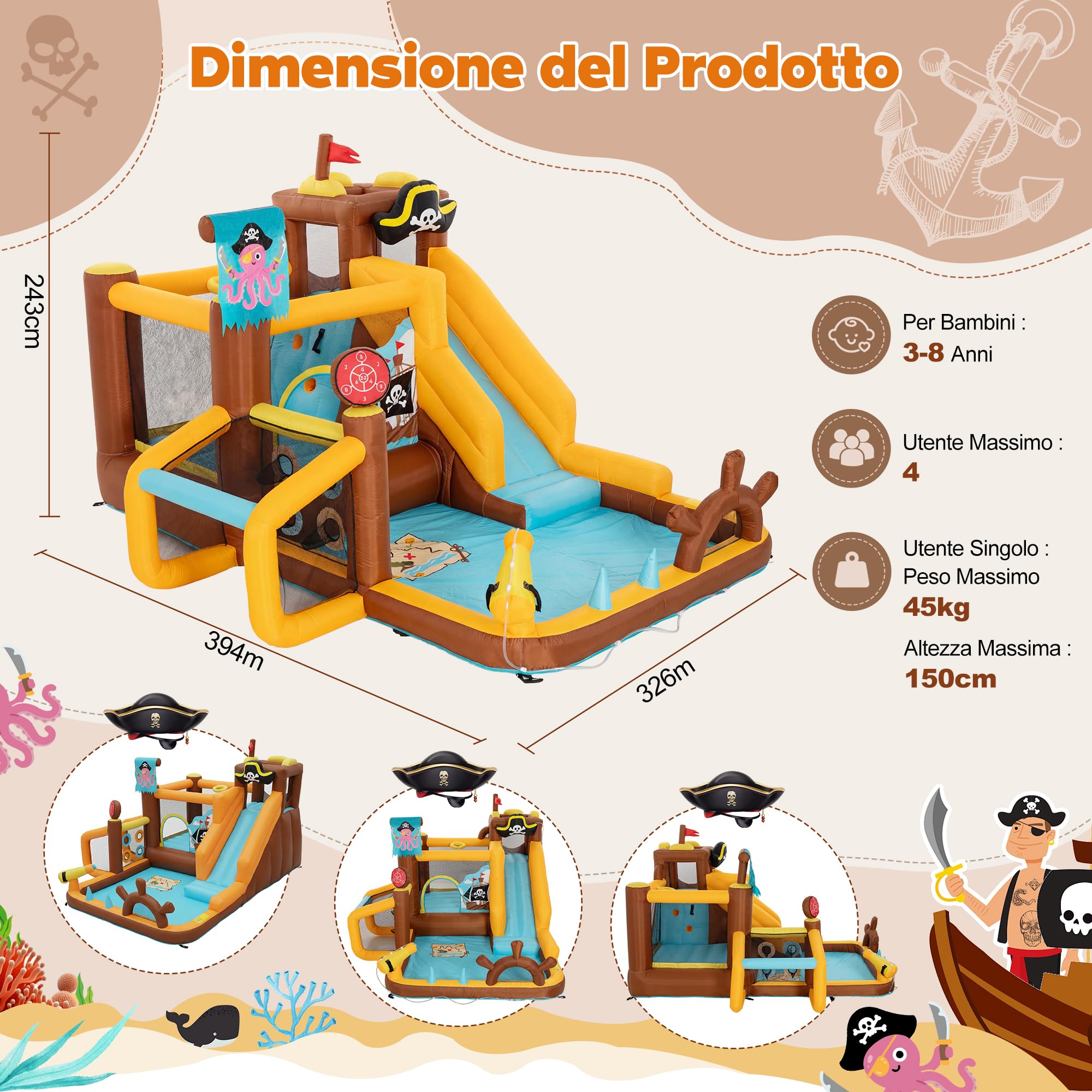 UEV Parco Gonfiabile 394x326x243cm con Unica Tema Navi Pirata | Castelli Gonfiabili con 8-in-1 Giochi per 4 Bambini in 3-8 Anni, Parco Giochi con Soffiatore 450W per Interno ed Esterno