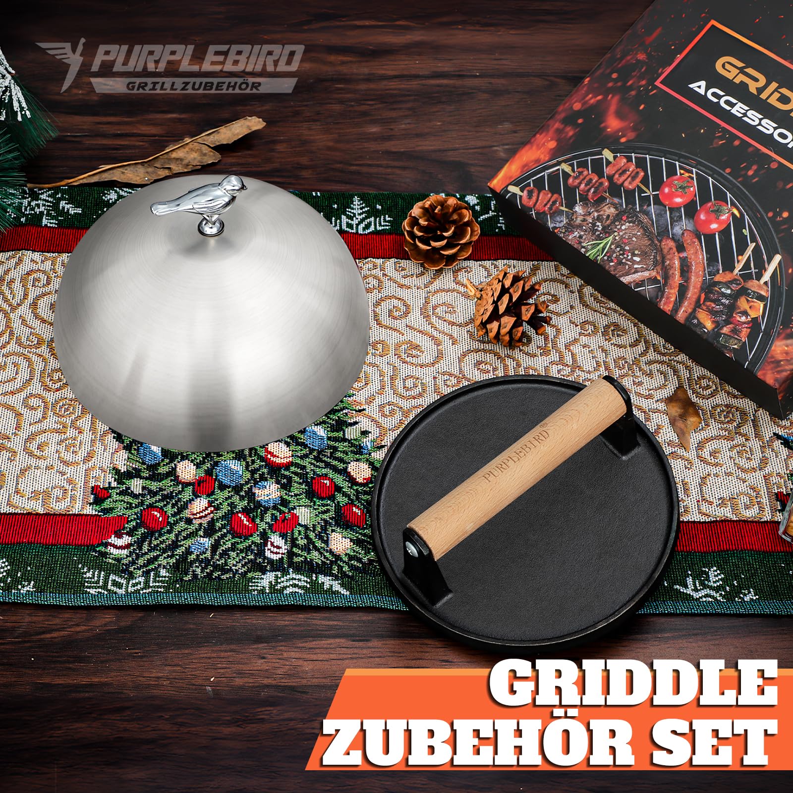 PURPLEBIRD Griddle - Set di accessori per hamburger in acciaio inox (7,87 pollici), con pesanti, in ghisa (6,97 pollici), campana per fusione e pressa per hamburger, per barbecue a gas, teppanyaki,