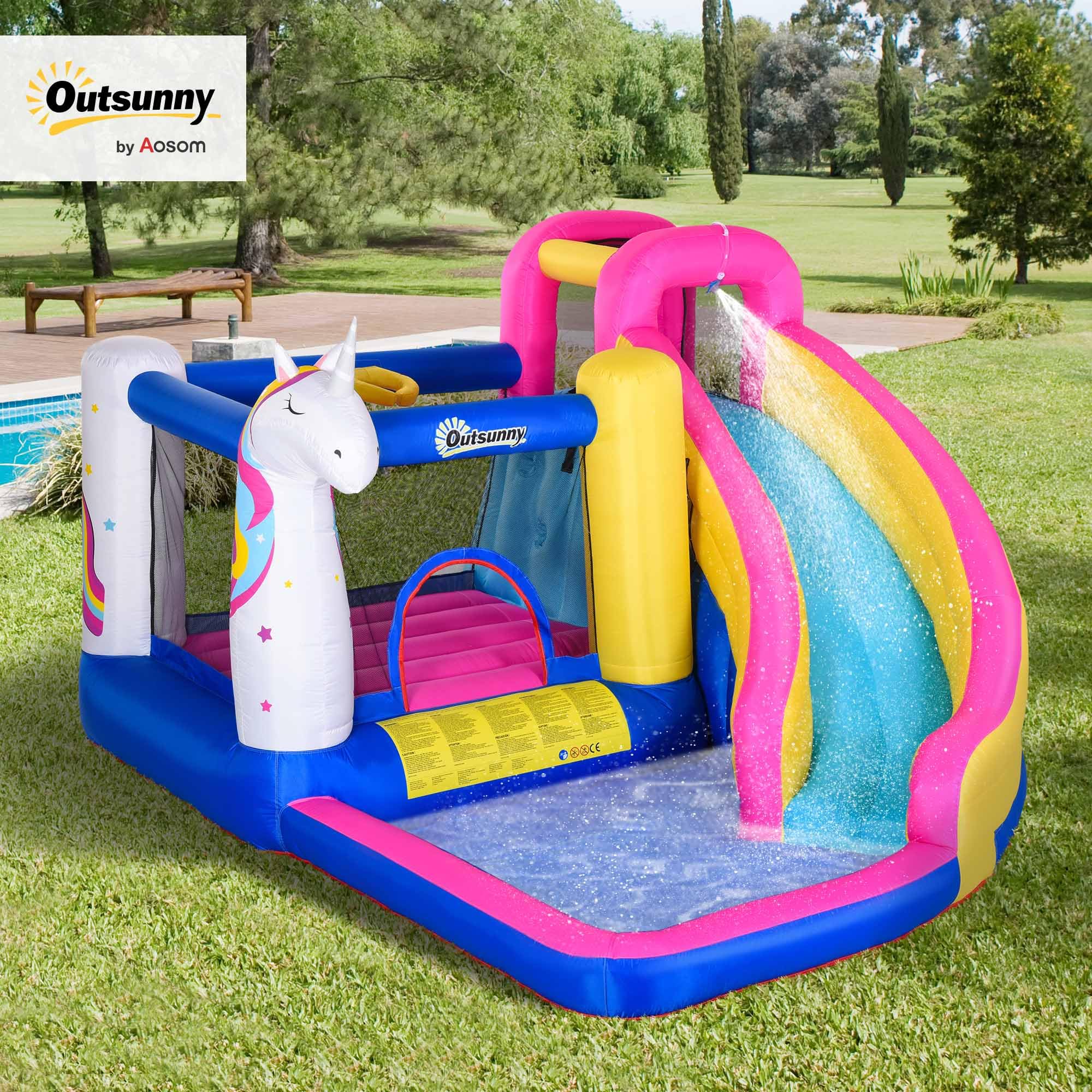 Outsunny Hüpfburg mit Gebläse 5 in 1 aufblasbare Wasserpark im Einhorn-Design mit Wasserrutsche Planschbecken Trampolin Basketballkorb Hüpfburgen für 3–8 Jahre Kinder für Indoor Outdoor 360x305x210 cm