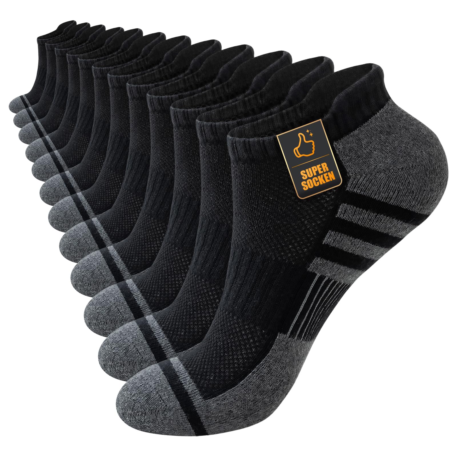 Stoeury Trainer Socks Men Women 43-46 39-42 35-38 47-50, 6 Pairs Breathable Short Sports Socks Running Socks, Anti Sweat Padded Cotton Trainer Socks