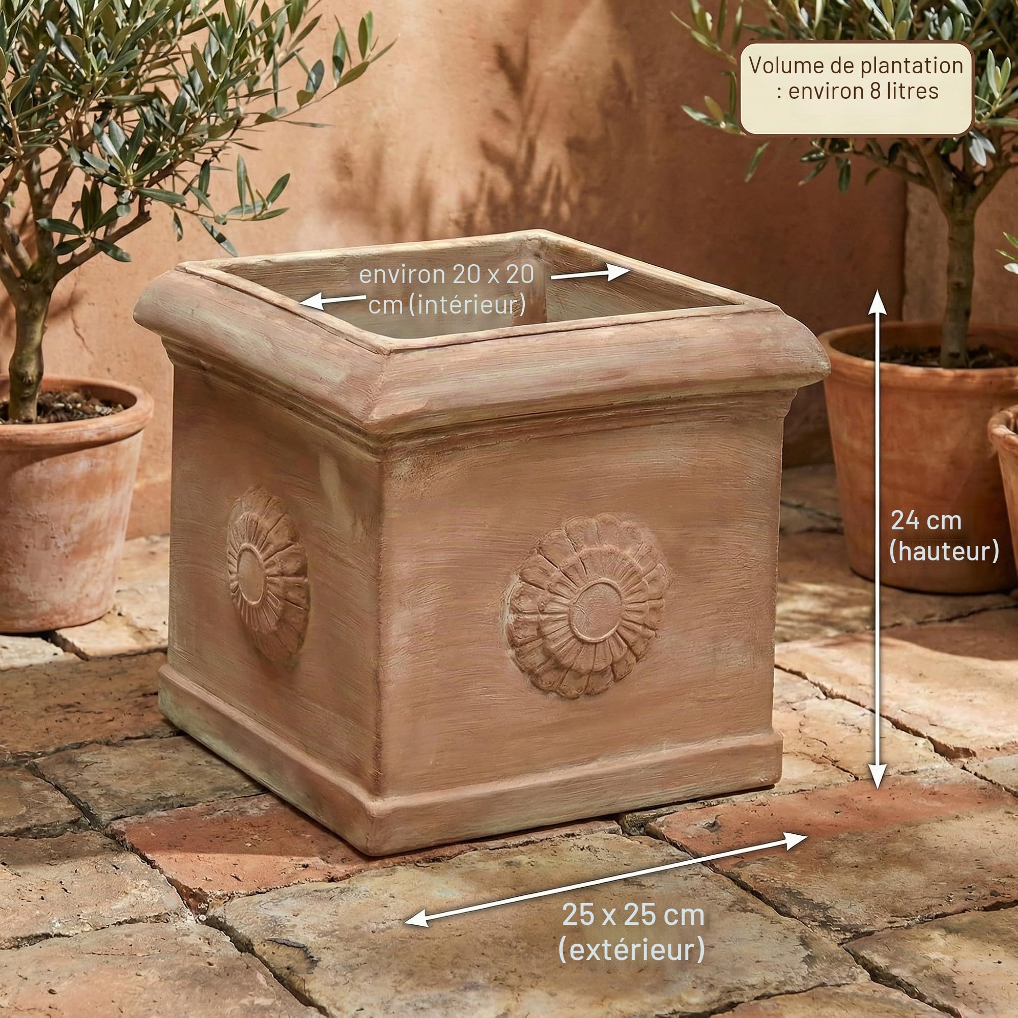 teramico Pot de Fleurs Cubo Con Rosone fabriqué à la Main en Terre Cuite d'origine résistant au Gel (25 cm)