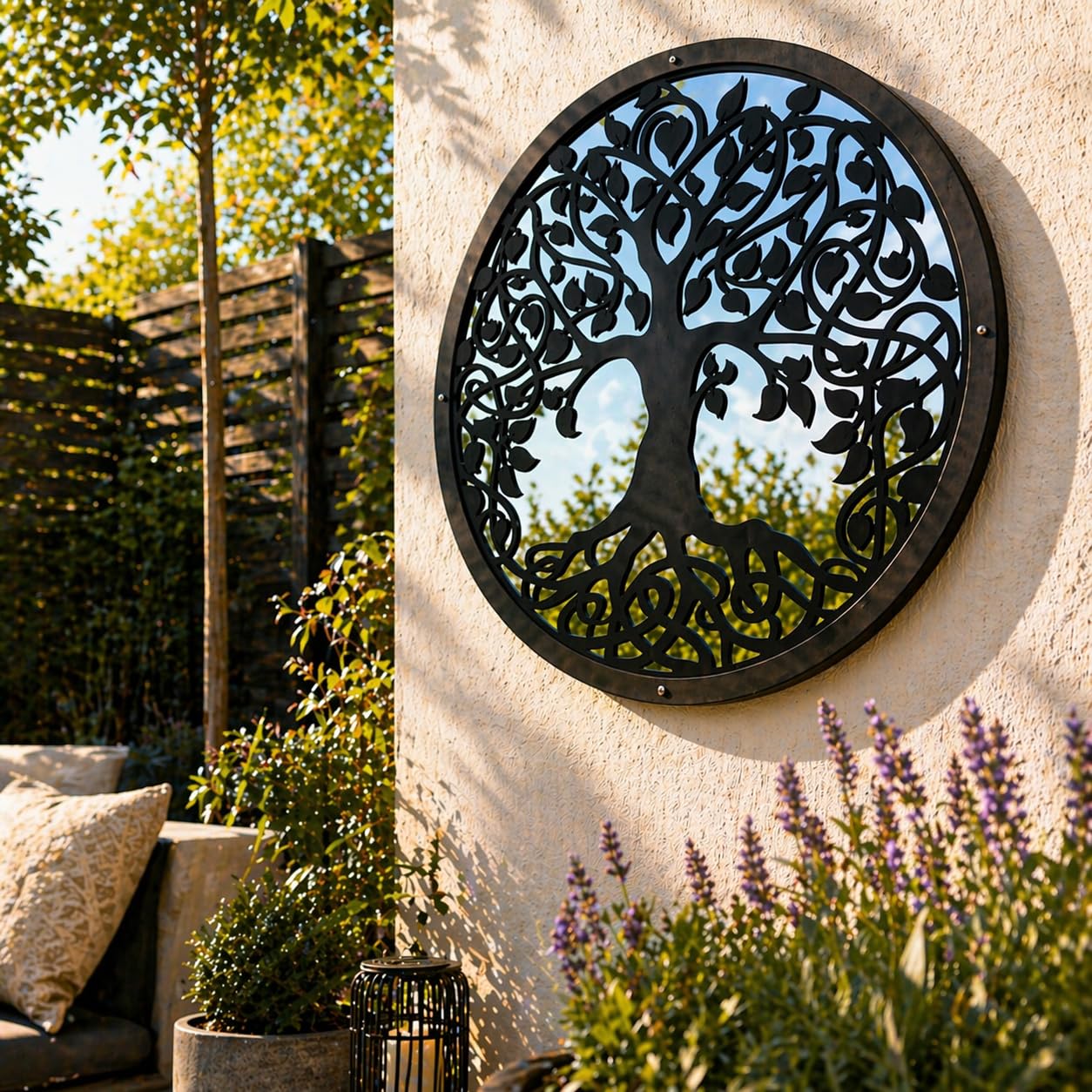 Miroir de Jardin Arbre de Vie 50 cm de Diamètre Sun Catcher Décoration de Jardin Miroir Encadré Rond pour Fixations Extérieures Inclus, Colour:Black