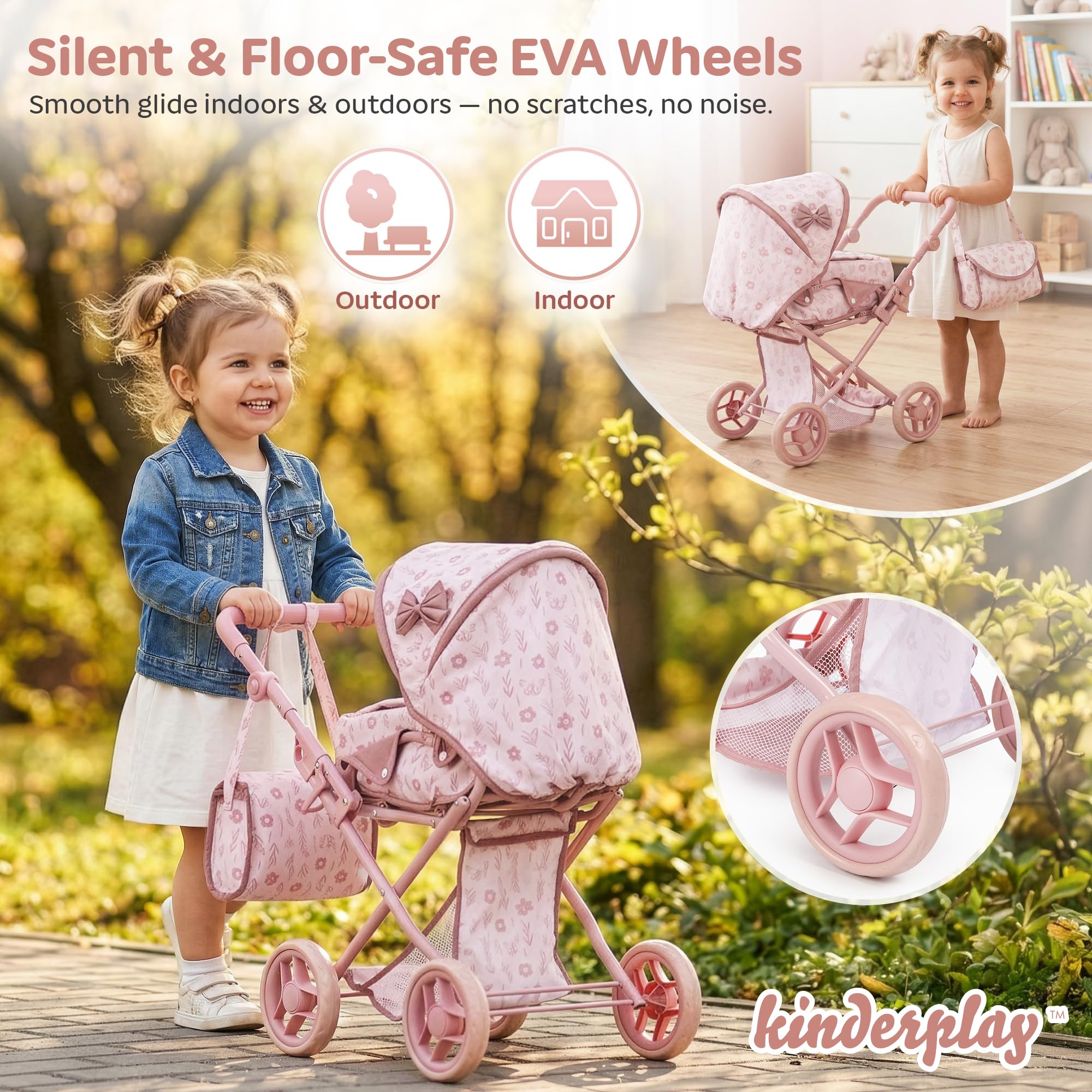 Kinderplay Wózek dla lalek 3 w 1 z torbą do przenoszenia, wózek dla lalek z regulacją wysokości 36,5-64 cm, składany wózek dziecięcy z cichymi kółkami piankowymi, dla lalek do 40 cm, od 3 lat