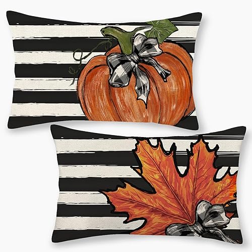 Miniatura 223 de Juego de 2 fundas de almohada de otoño de 18 x 18 pulgadas, hojas de arce de calabaza y búfalo a cuadros, decoración de otoño, de lino, Acción
