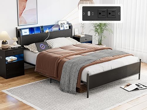 Base de cama Queen con luces LED y estación de carga, cama de plataforma Queen con cabecera de estante de almacenamiento, soporte de listones de