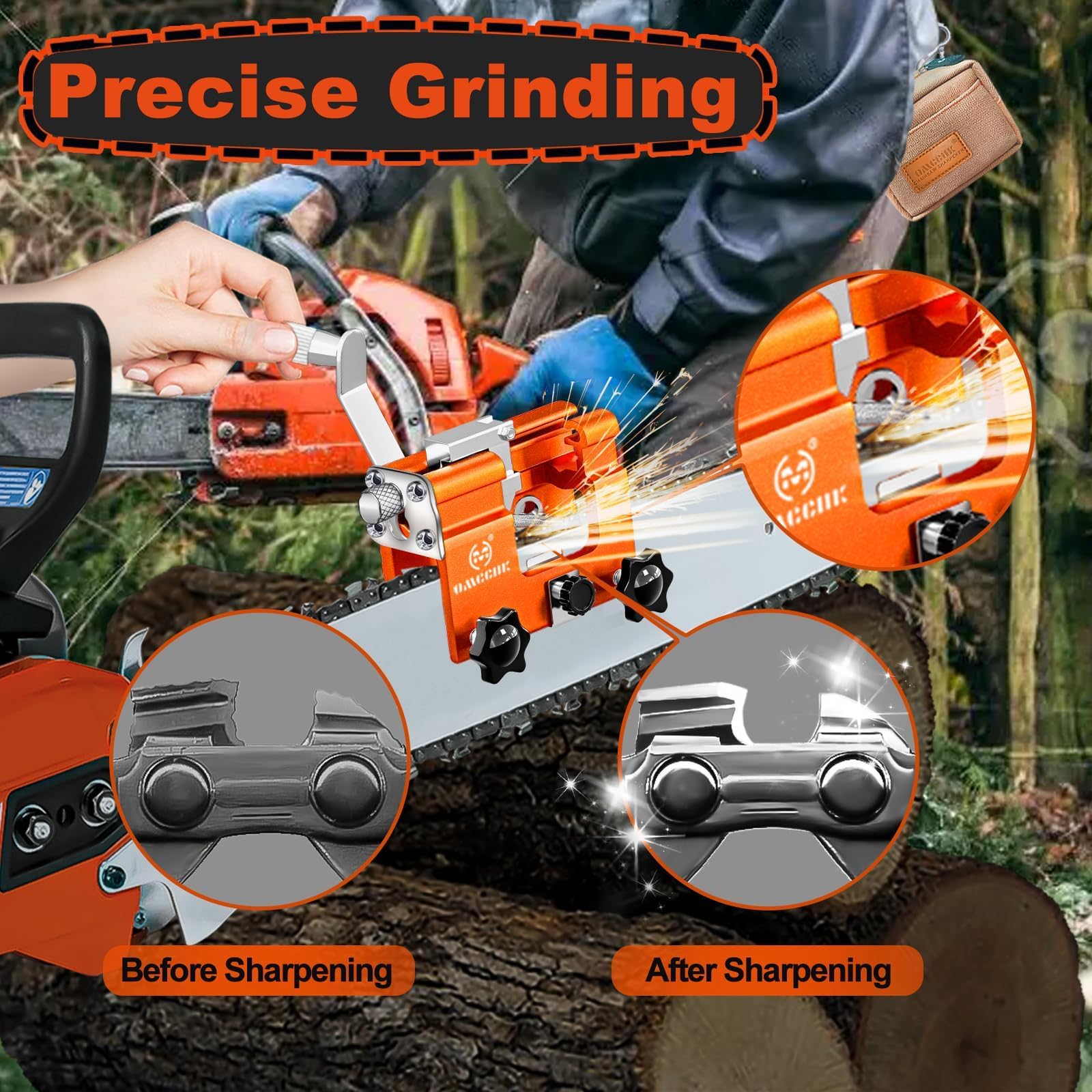 Portable Chainsaw Sharpener Jig with 5 Sharpening Steels, Universal Chainsaw Sharpening Tool with Cleaning Brush, Hand-Crank Chain Saw Sharpening Kit for 4-22" Electric Chain Saw — view 7