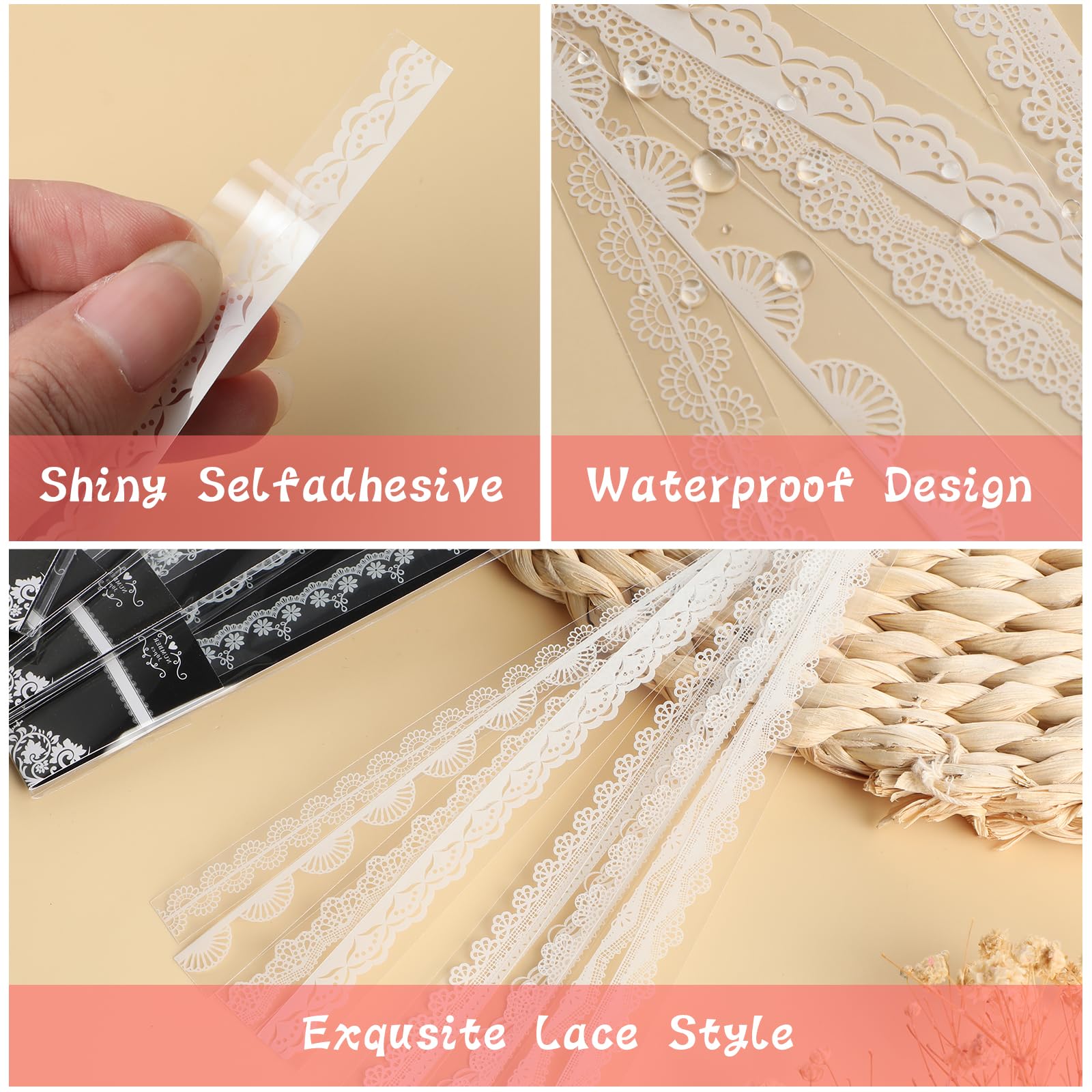 120 Stück Spitzen-Scrapbook-Aufkleber, Vintage-PET, weiße Spitze, Scrapbooking, Verzierungen, starke Viskosität, Schnürsenkel, Washi-Tape für Hochzeit, Tagebuch, Basteln, Fotorahmen