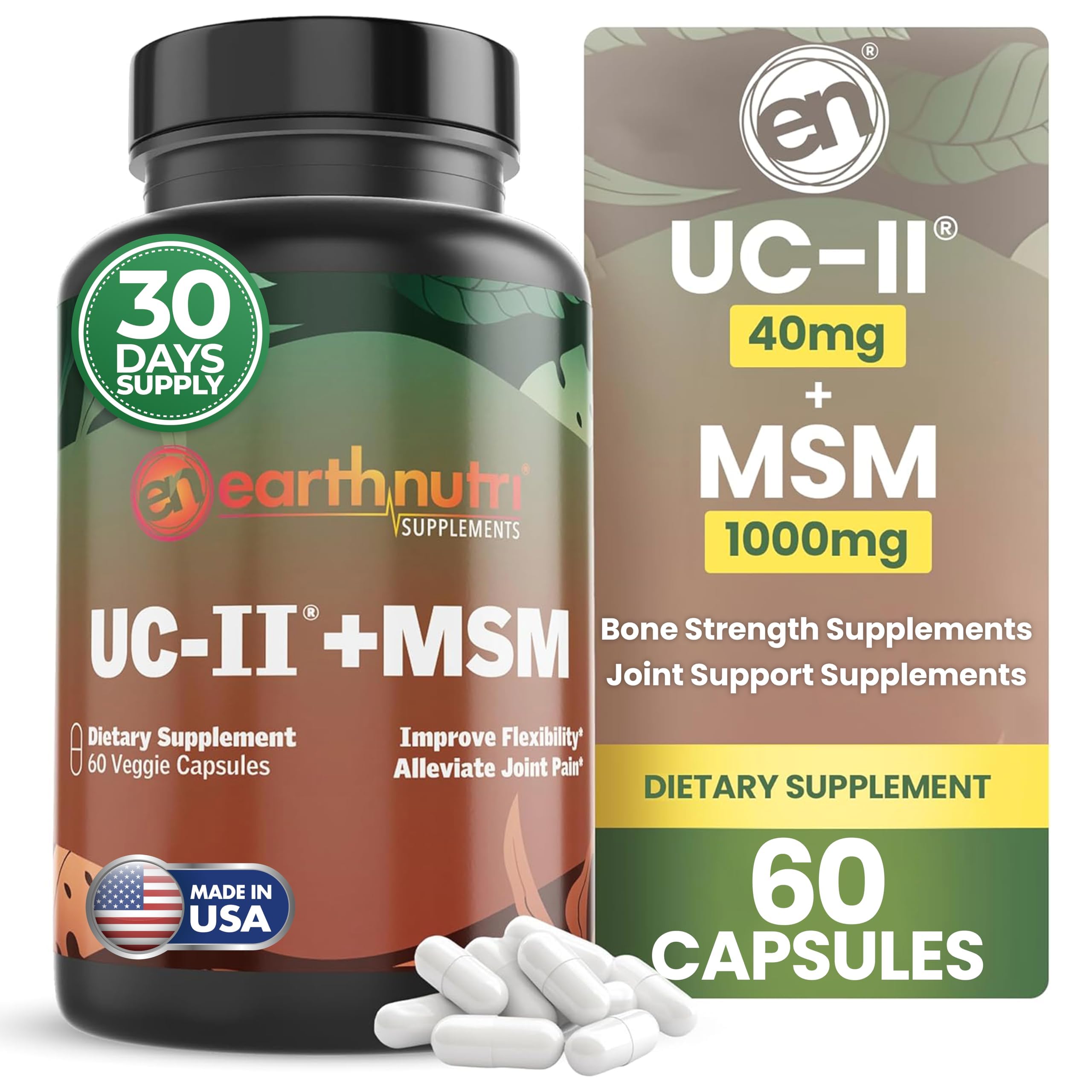 EarthNutri UC-II Collagen & MSM Supplement for Bone Health and Joint Flexibility Joint Supplement - 40mg UC-II Providing 10mg Total Collagen & 1000mg MSM - 60 Capsules (2 Caps Daily)