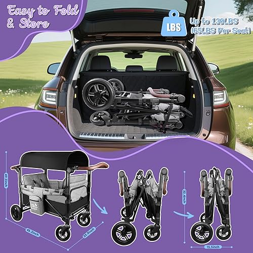 Miniatura 5 de Cochecito para 2 niños, cochecito todo terreno con extensor extralargo, vagón plegable de aluminio con asientos convertibles, toldo extraíble,