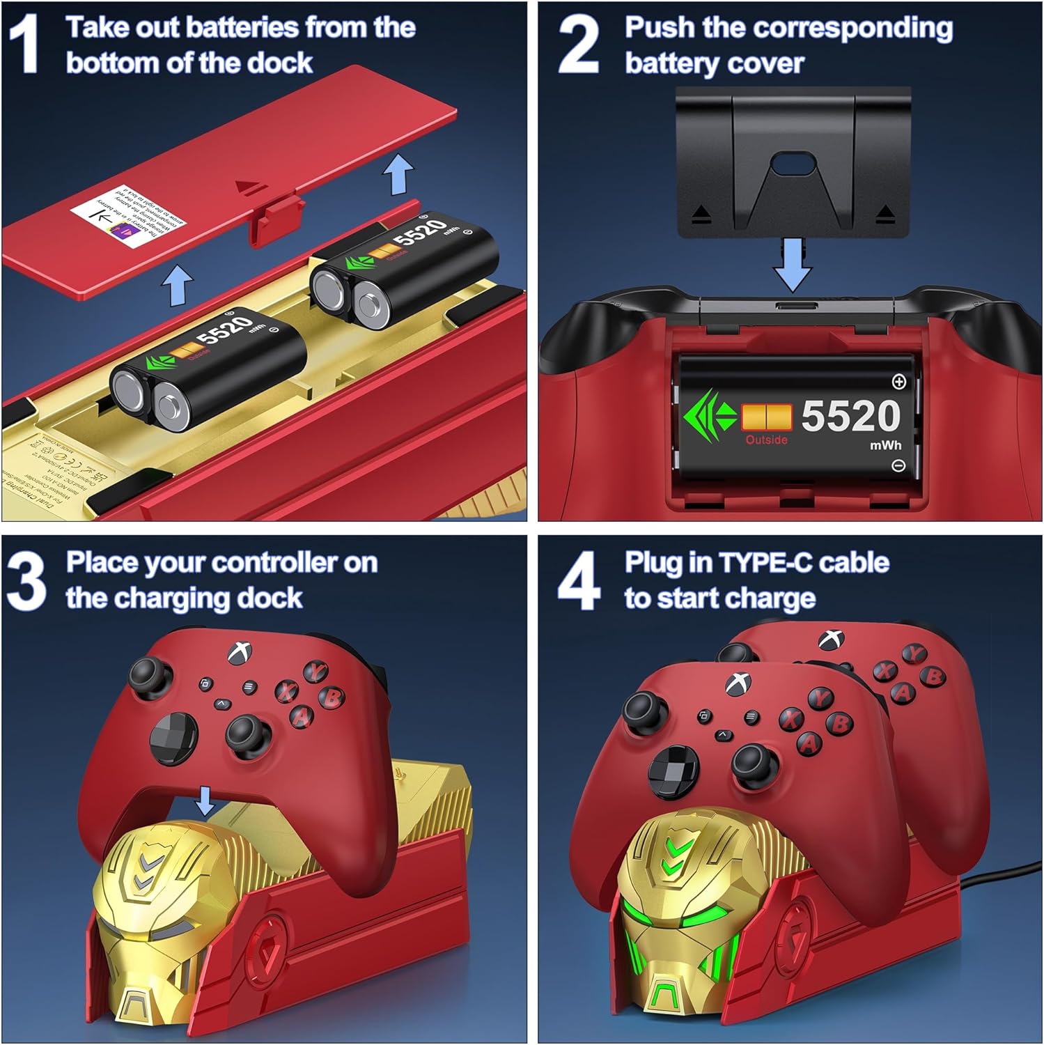 Xbox Charger Station for Controller with 2x5520mWh Batteries and 4 Covers - Dual Charging Dock with Xbox Rechargeable Battery Pack - Red