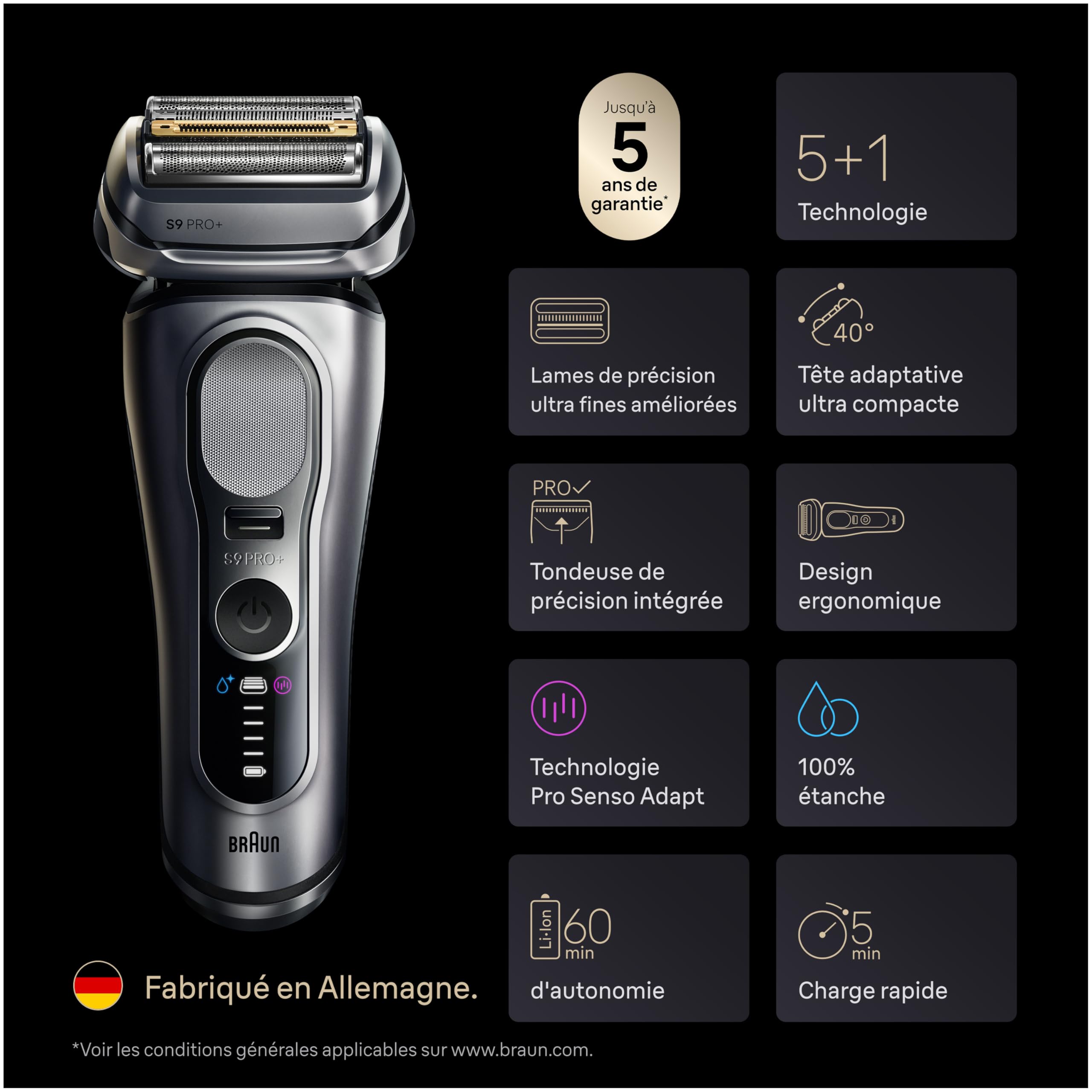 Braun Rasoir Electrique Homme Series 9+ Pro 9617PSI Argenté | Etanche, Batterie Rechargeable, Lames de Précision Ultra-Fines, Tondeuse ProTrimmer, Kit avec Tête de Rechange, Etui