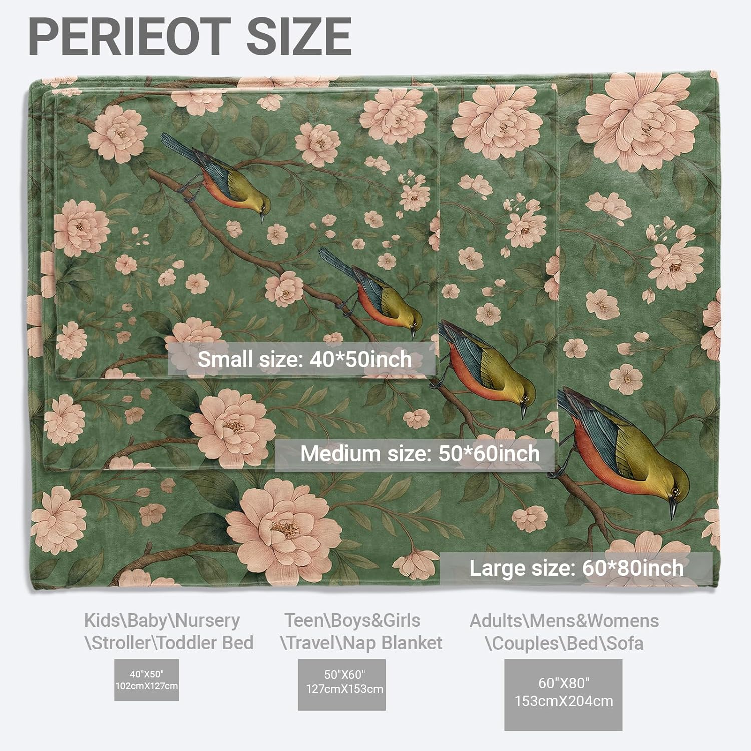 Bird Floral Lightweight Throw Blanket, Vintage Animal with Branch and Blossom, Warm Soft Cozy Flannel Blankets, Couch Bed Home Decor All Season Use, 60x50in, Green, Gifts for Nature Lovers - Image 2