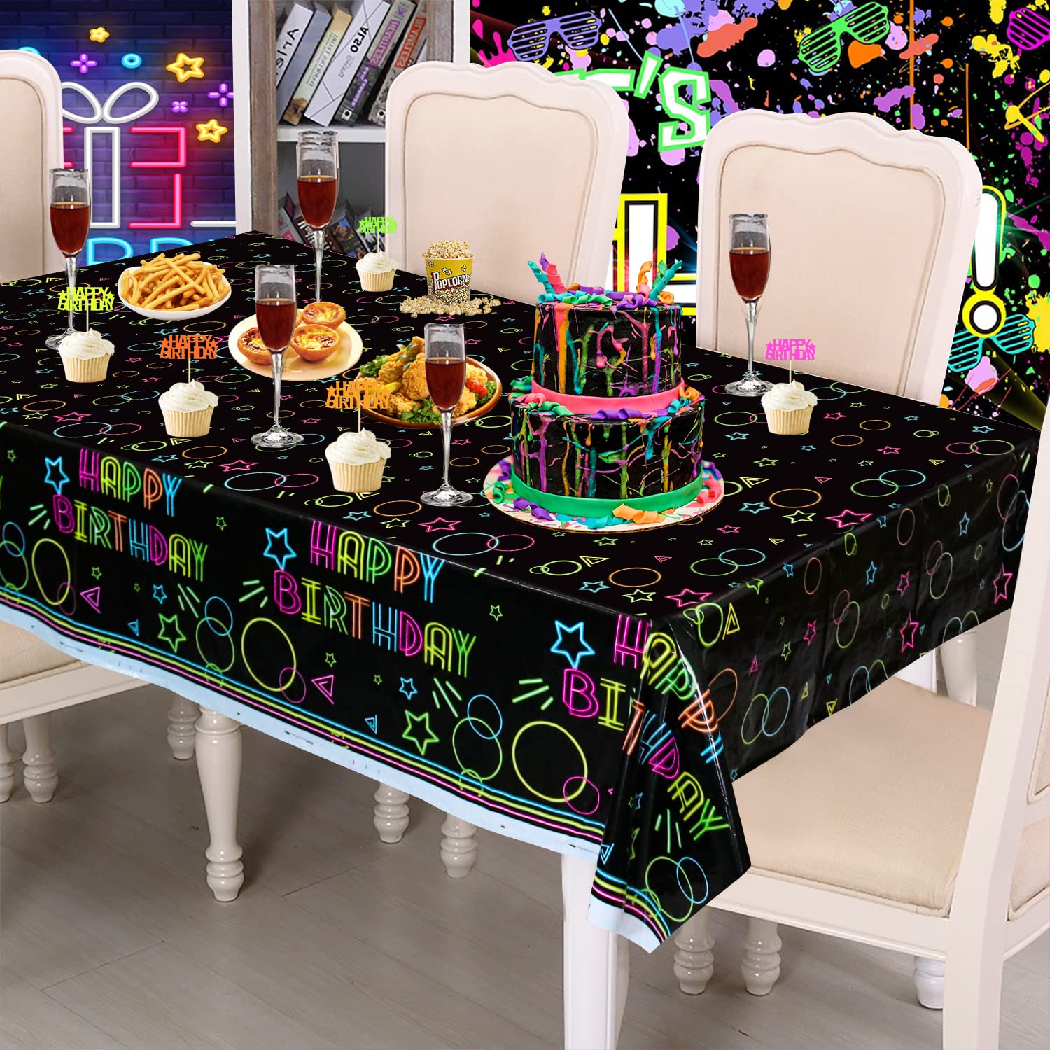 Zwart tafelkleed met neon en fluo kleuren