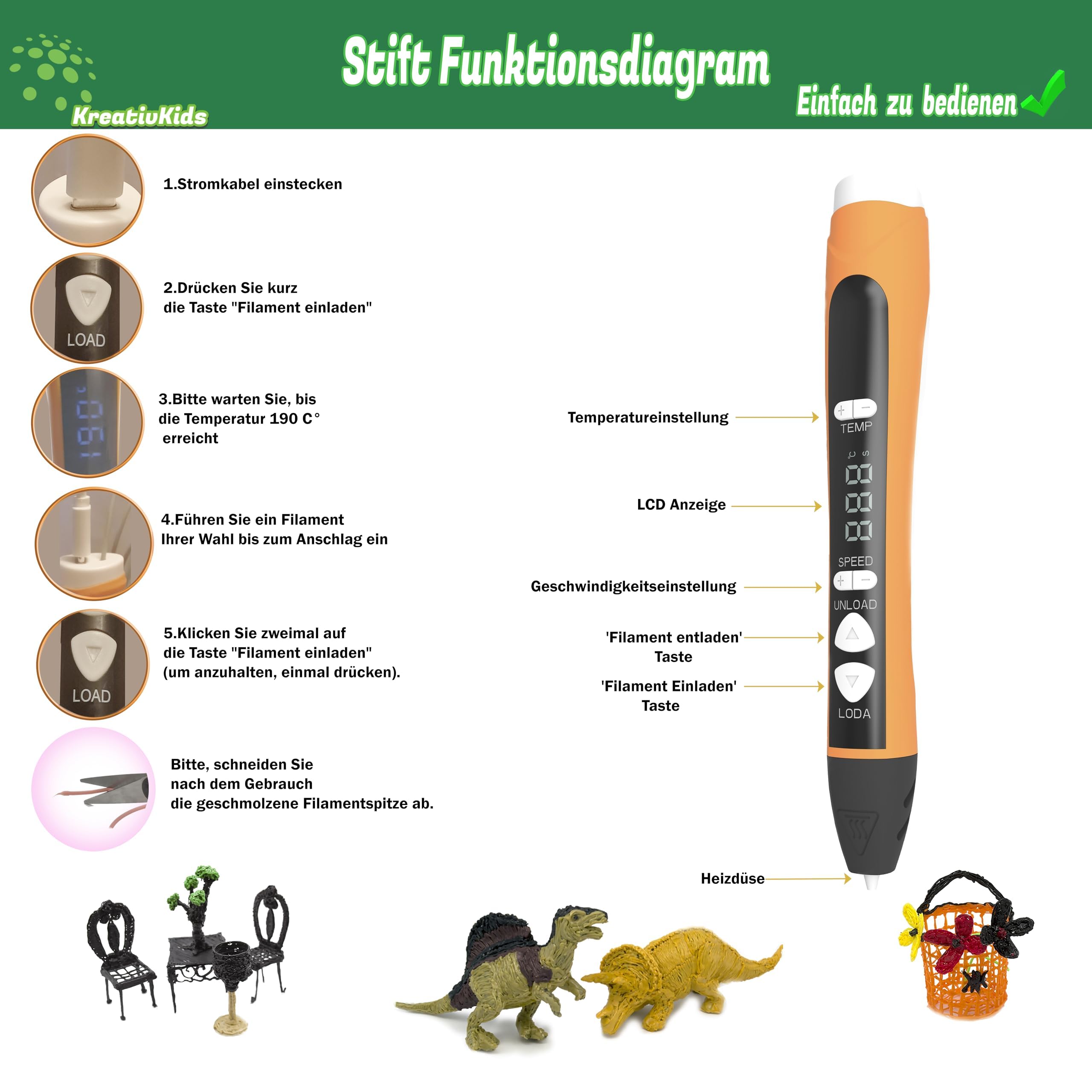 3D Stift neues Design 12 Farben PLA Filament. 3D Druck Stift mit LCD Bildschirm, für Kinder und Erwachsene.