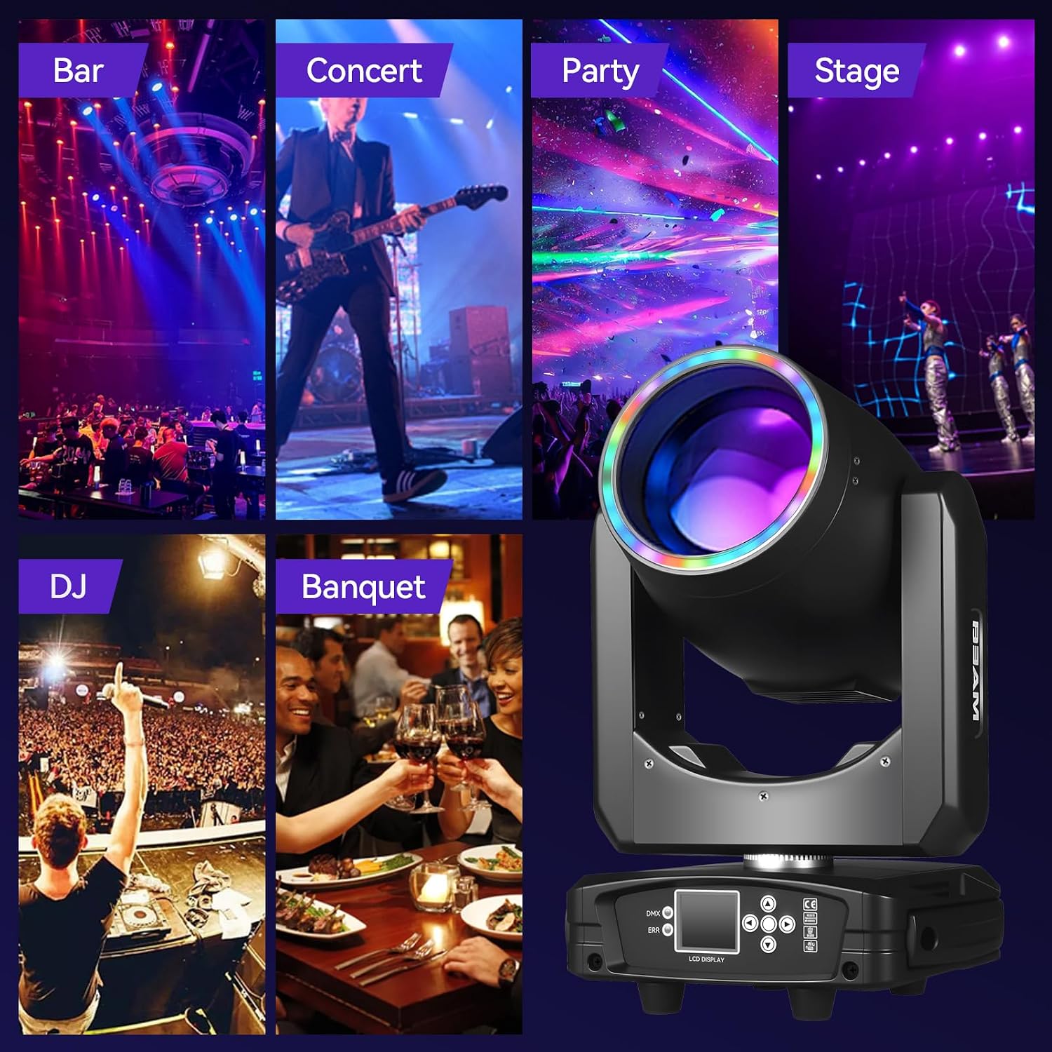 MINGJIE 300W Moving Head DJ Lights, 48-Facet Prism Stage Lighting with 15 Gobos & 15 Colors, DMX512 Sound Activated LED Beam Spot for Wedding, Bar, Party, KTV, Stage Show (1PC)