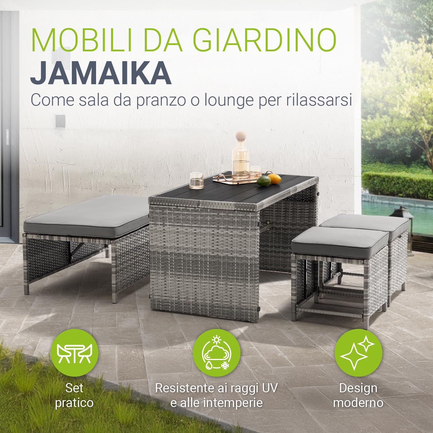 Juskys 2in1 Set di mobili da giardino relax in polyrattan Jamaika - Tavolo, divano da giardino - Salottino per balcone, giardino - Lounge da esterno grigio