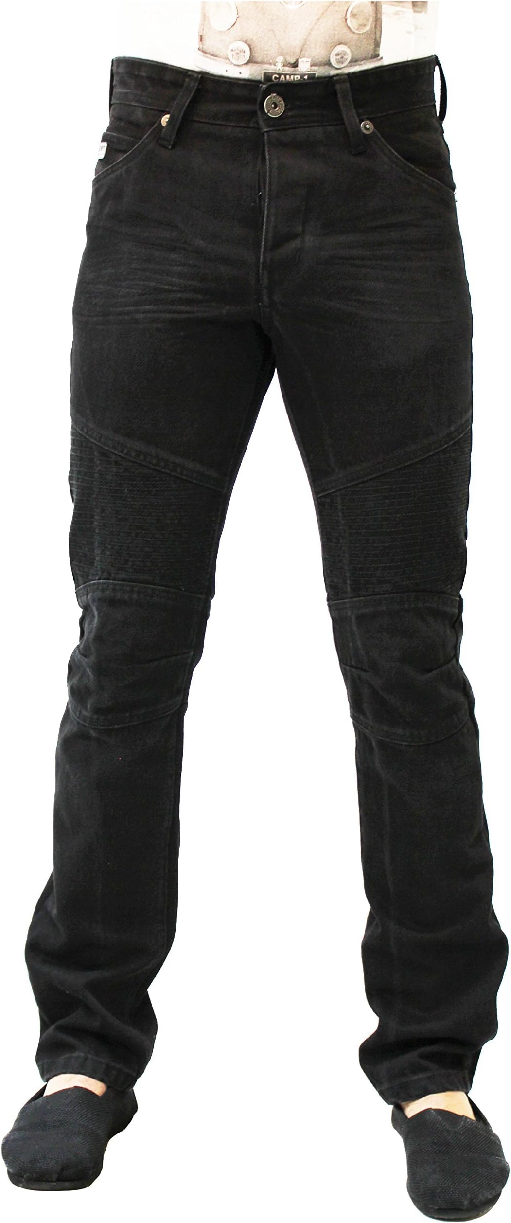 Emporio Seven New Men’s Slim Fit Selvedge Jeans Tapered Biker Denim Pants Black