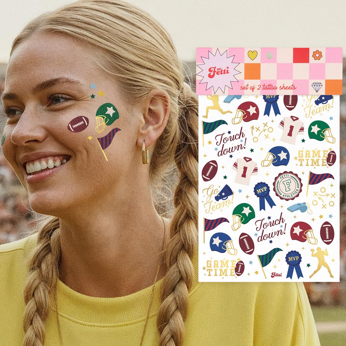 Football Temporary Tattoos - 64 Gold Foil Styles | Game Day Birthday Decorations, Tailgate Supplies, School Sports Party Favor, Kids Party Favor, College