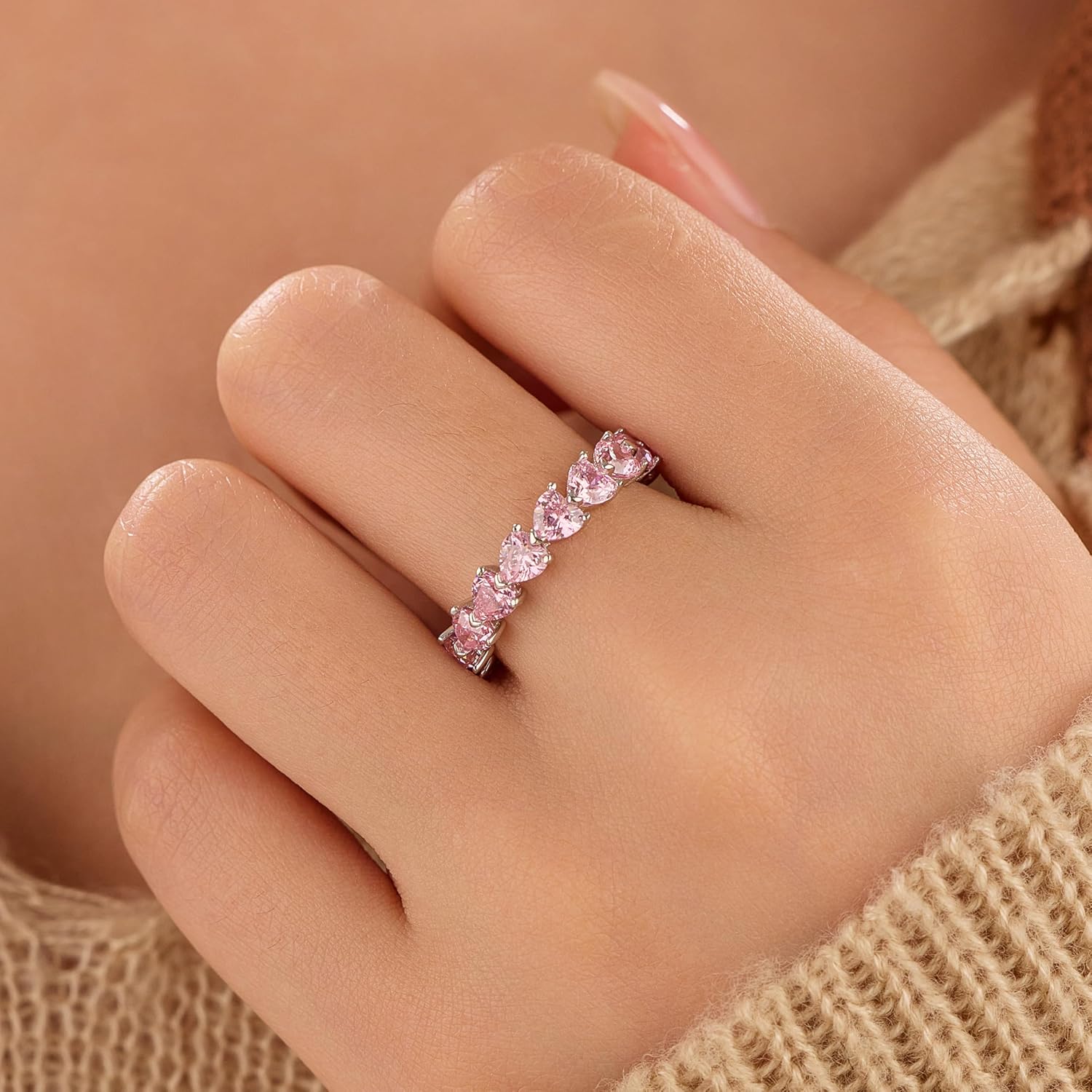 Dainty Pink Heart Rings for Women 925 Sterling Silver Promise Rings for Her Cubic Zirconia Eternity Engagement Wedding Band Purity Ring Mother Daughter Friendship Ring Birthday Valentine Jewelry Gifts - Image 3
