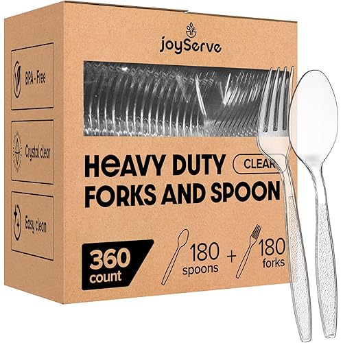Plastic Forks and Spoons Set - (Bulk Pack 360 Pcs) Clear Plastic Cutlery Utensils Heavy Duty, 180 Forks and 180 Spoons, Silverware Sets for Party Supplies, Dinners, Take-Out, Catering, Food Services