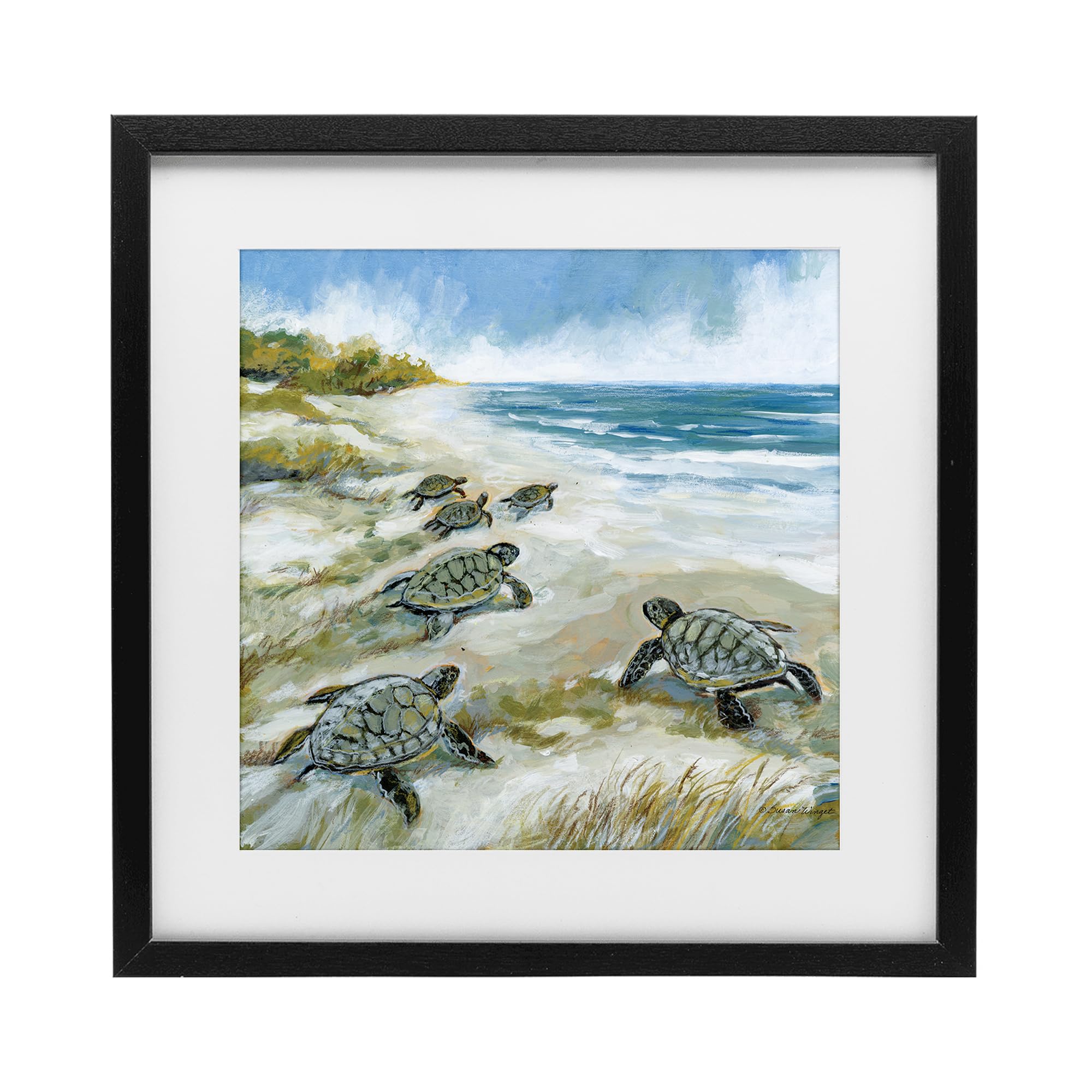 Stupell Industries Midnight Black (Textured) 'Baby Sea Turtles On Beach'| Framed Print Under Glass