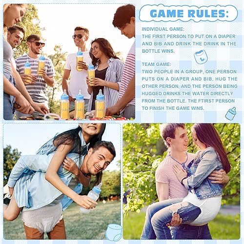 Miniatura 7 de Juego de 6 juegos de botella con chug para baby shower, juegos para biberones de plástico, baberos, pañales desechables, juegos de revelación de