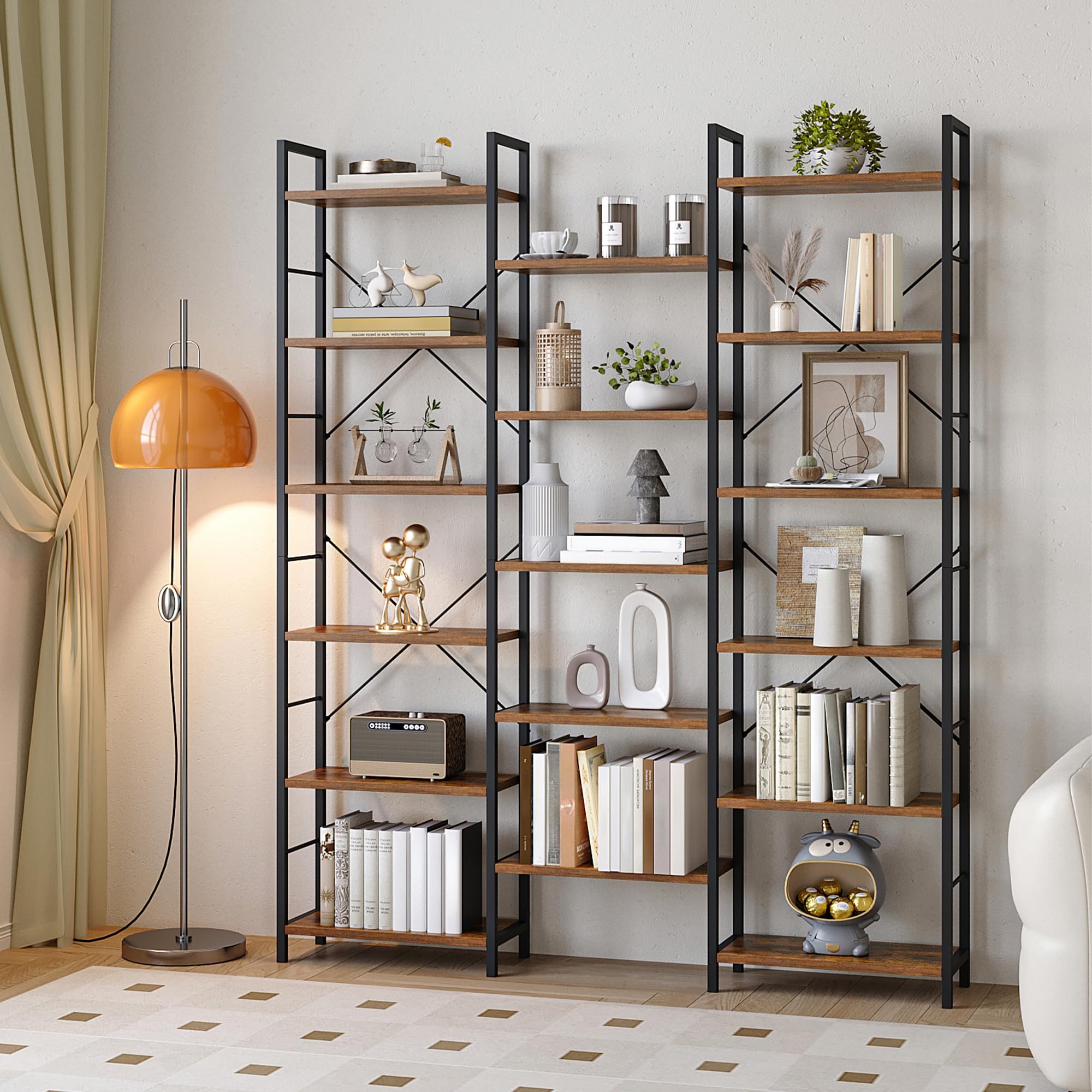 Hzuaneri 186 cm Bücherregale, Standregale, Regal mit 17 Fachböden, 6 Etagen, Verstellbarer Abstand, 24 x 152 x 186 cm, Tragfähigkeit 340 kg, Wohnzimmer, Büro, Vintage Braun-Schwarz BC10101B