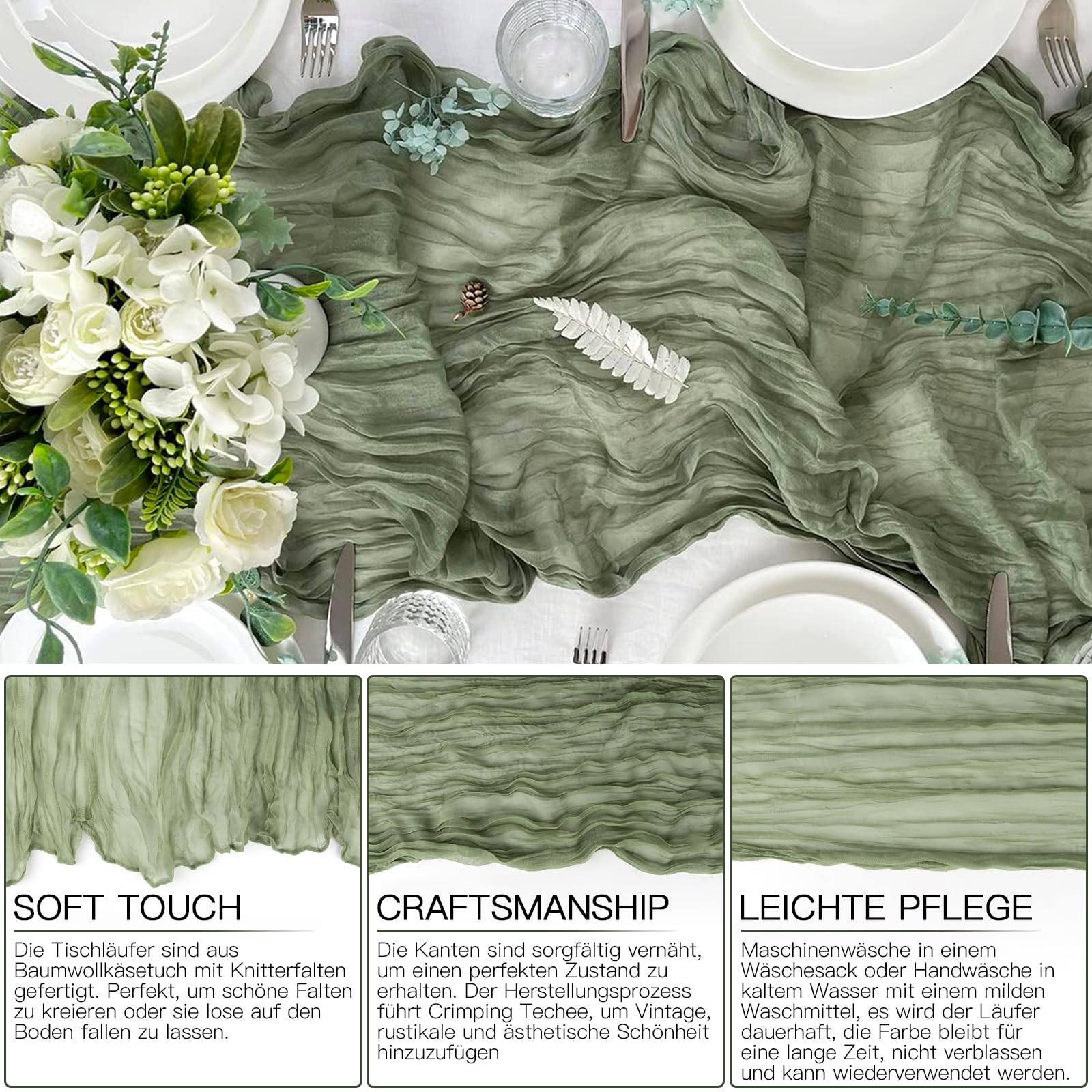 Table Runner Green Pack of 2 Cheesecloth Table Runner Wedding Boho Muslin Tablecloth 90 x 400 cm Long Rustic Gauze Fabric Cheese Cloth Table Runner Eucalyptus Green Table Decoration for Baby Shower - Image 2