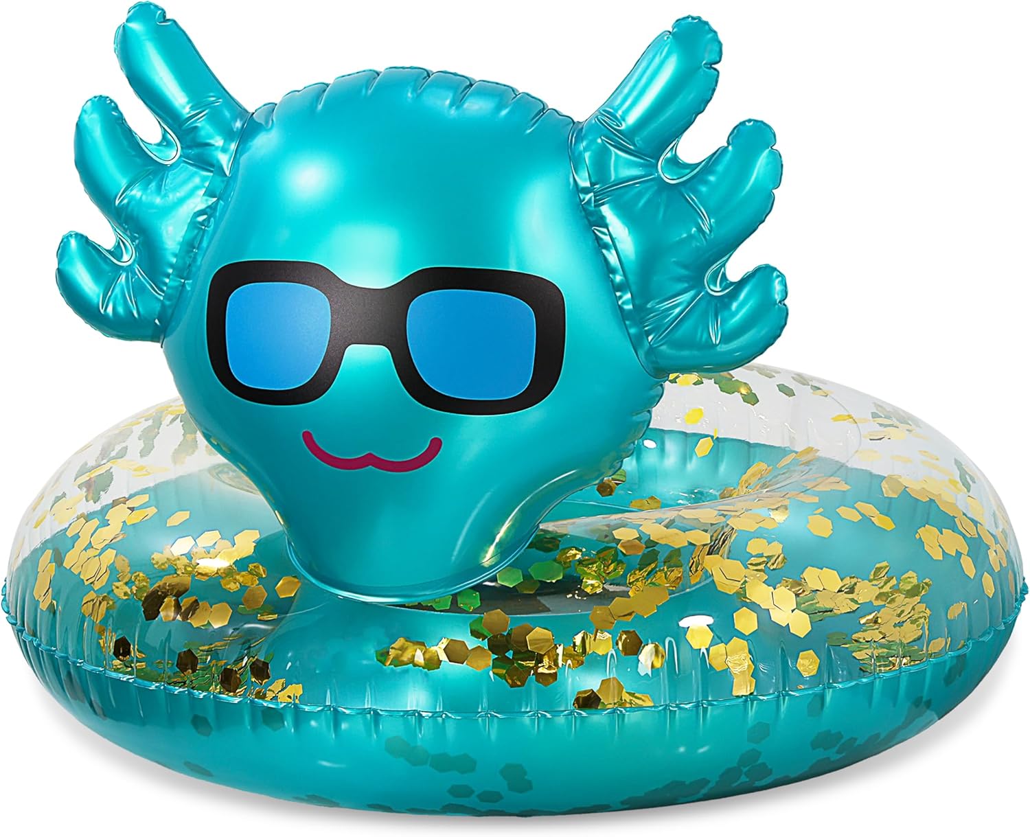 POZA Inflatable Axolotl Pool Float Tube - Sparkly Confetti-Filled Swim Lounger Float, UV-Resistant Vinyl for Beach or Lake, Animal Swim Ring for Kids and Adults