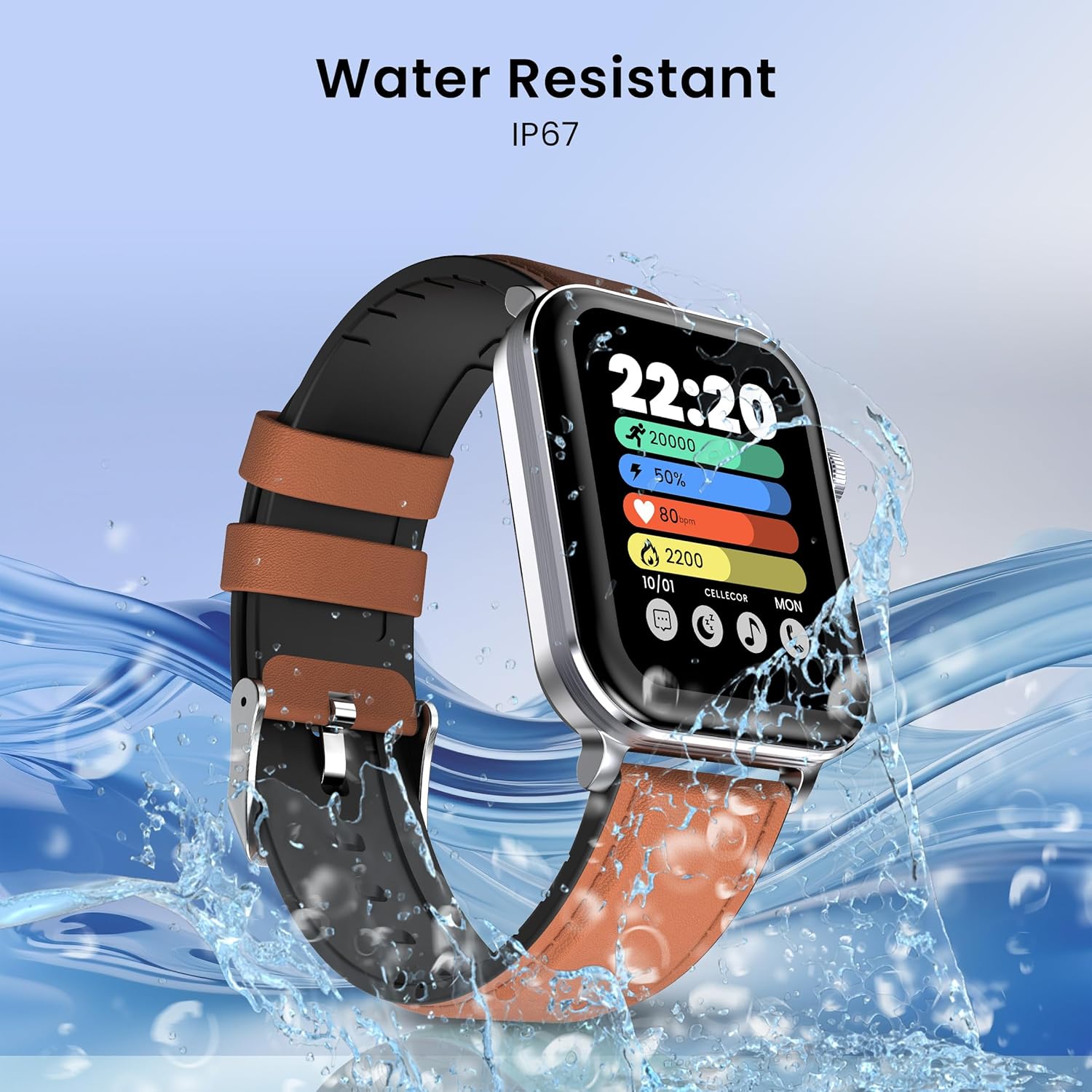 CELLECOR M9 Pro Blaze smartwatch being splashed with water, demonstrating its IP67 water resistance