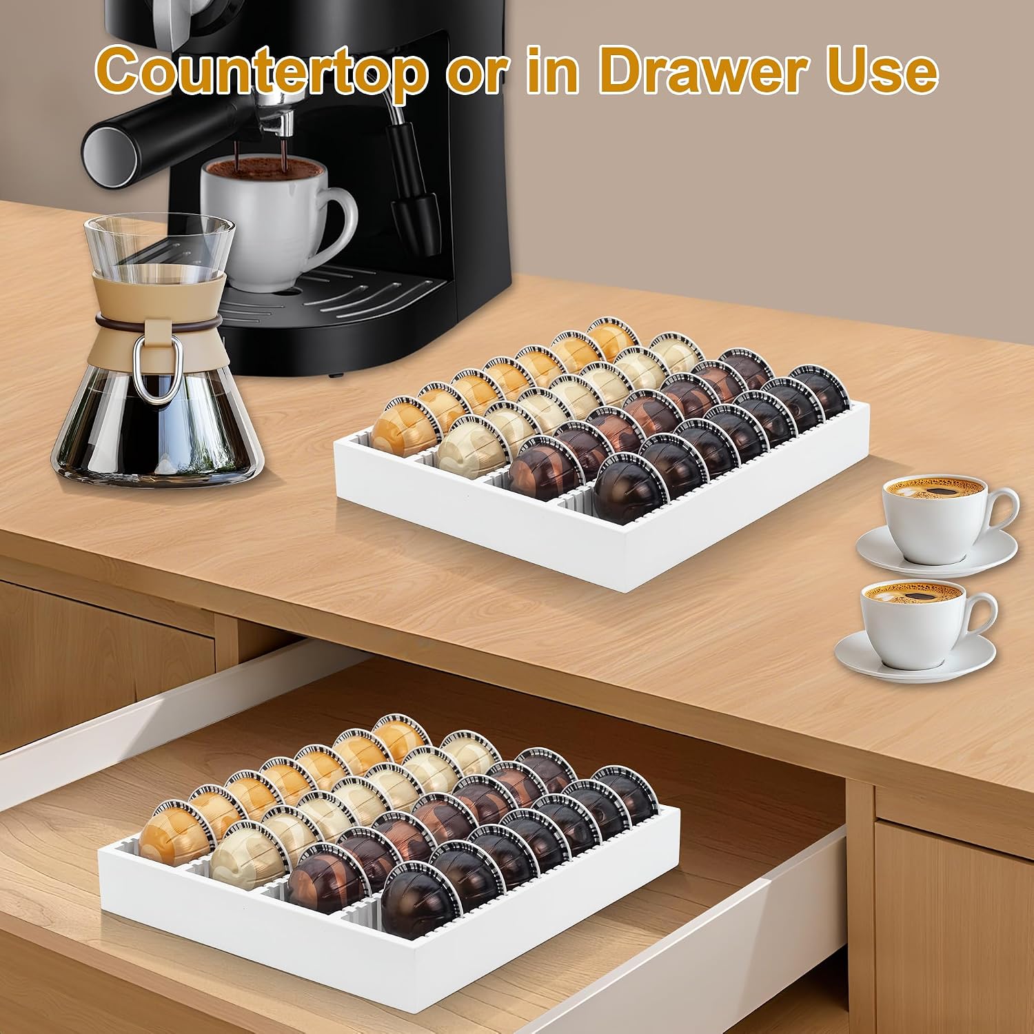 MinBoo Bamboo Coffee Capsule Storage Drawer Tray, Bamboo Drawer Insert Organizer Holds Coffee Pods, Compatible with Vertuoline Capsules, Suitable for Kitchen, Home, Office,White image 5