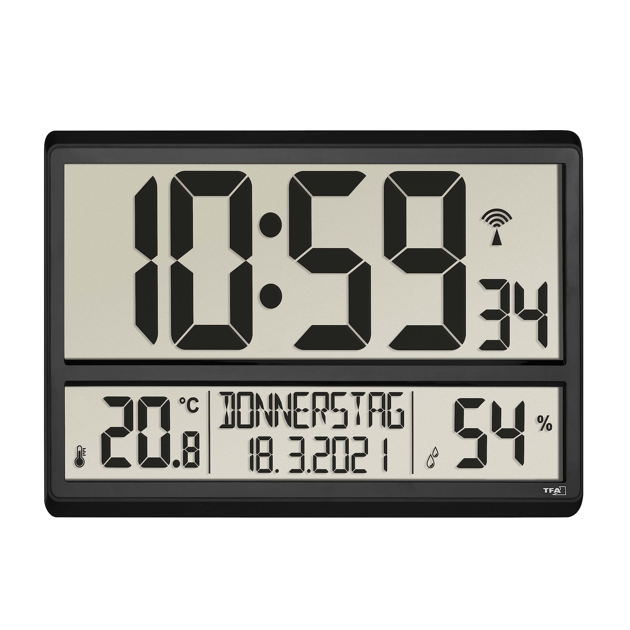 TFA Dostmann XL Wanduhr digital, 60.4520.01, mit Temperatur und Luftfeuchtigkeit, Wochentag (8 Sprachen), Funkuhr, gut ablesbar, groß, schwarz
