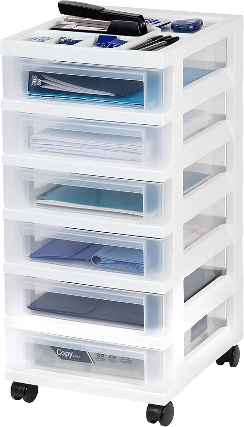 IRIS USA Plastic Drawer Storage Organizer Rolling Cart, with Wheels Casters, 6-Drawers, for Classroom Art Craft Supplies Dresser Closet Bathroom Laundry Room, White/Clear