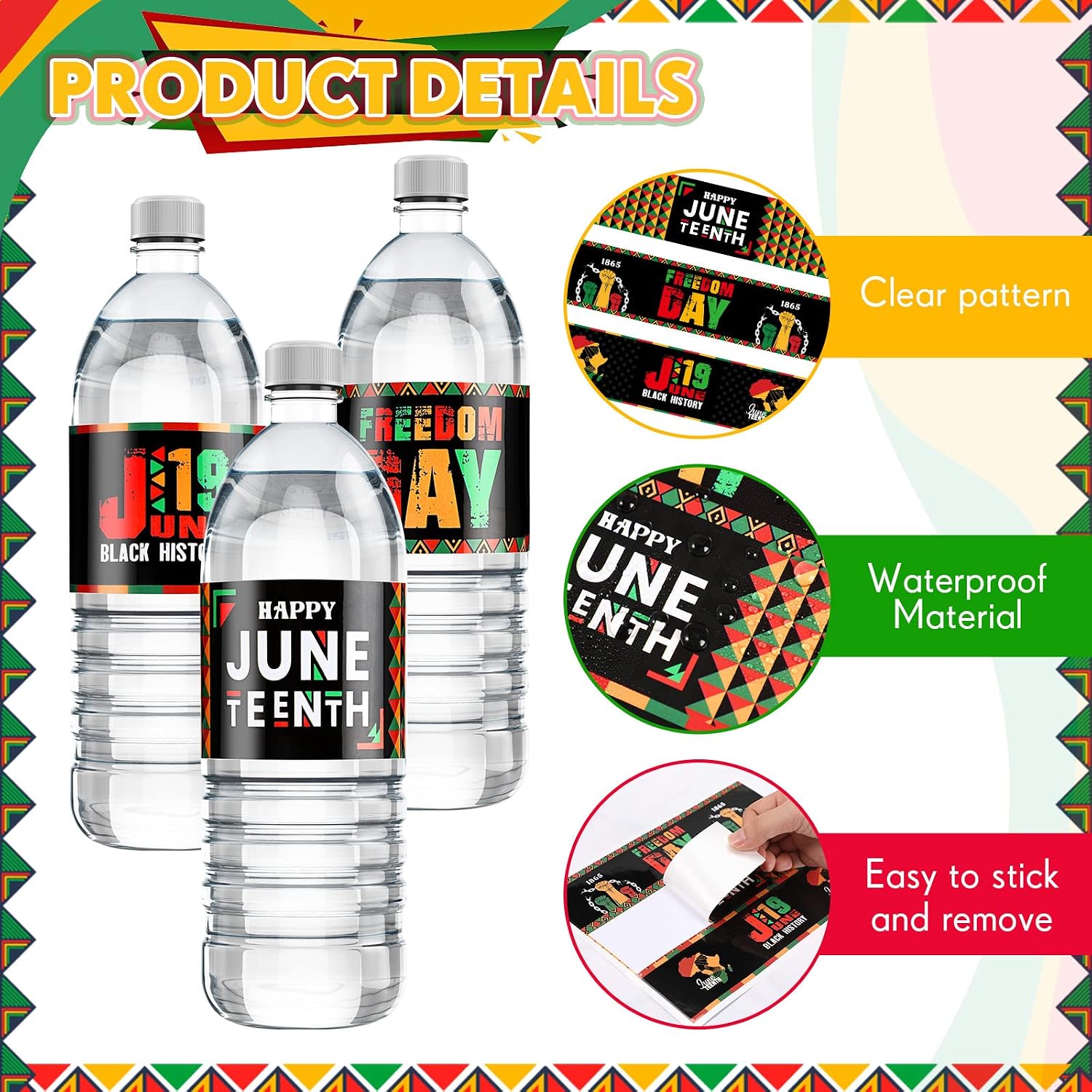 Sabary 48 Pcs Happy Juneteenth Water Bottle Labels June 19th Independence Day Party Decorations Juneteenth Labels Sticker Bottle Cup Wrapper Label for Freedom Day Decor Favor, 3 Style