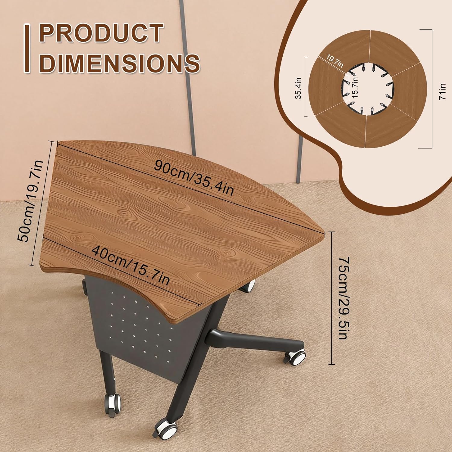 Folding Conference Table with Wheels,Conference Room Table Flip-top Design Modular Rectangular & Fan-Shaped Space-Saving Modern Mobile Training Table for Office Classroom Home (4, A3, L35.4in)