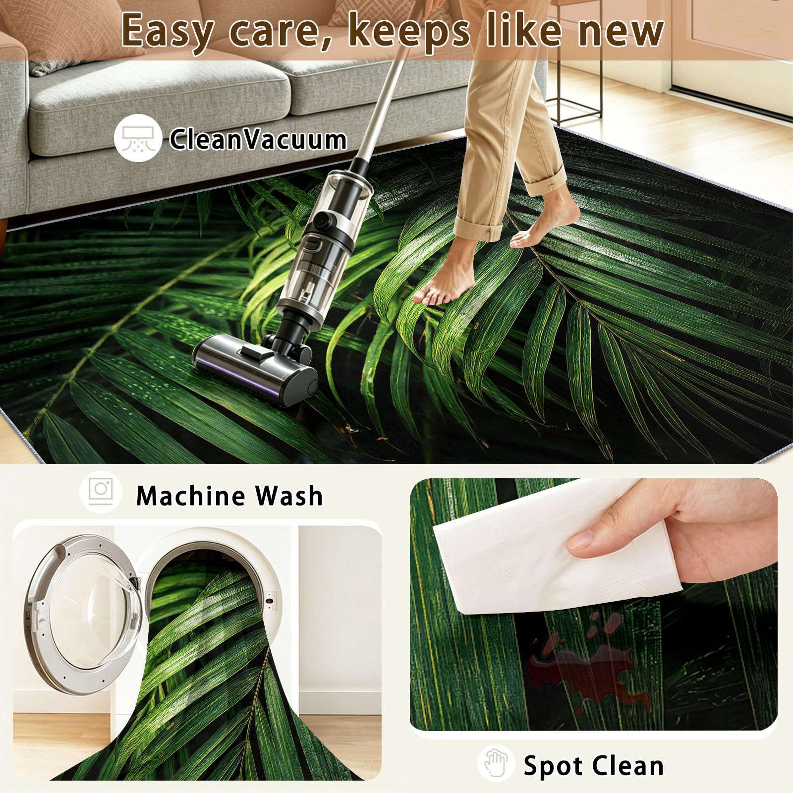 Tapis Chambre Salon Feuilles Palmier Feuilles Tropicales Lumière Ombre Doux Antidérapant Lavable en Machine Tapis Décoratif de Style Photographie Nature pour Entree Interieur, 180 x 240 cm Vert