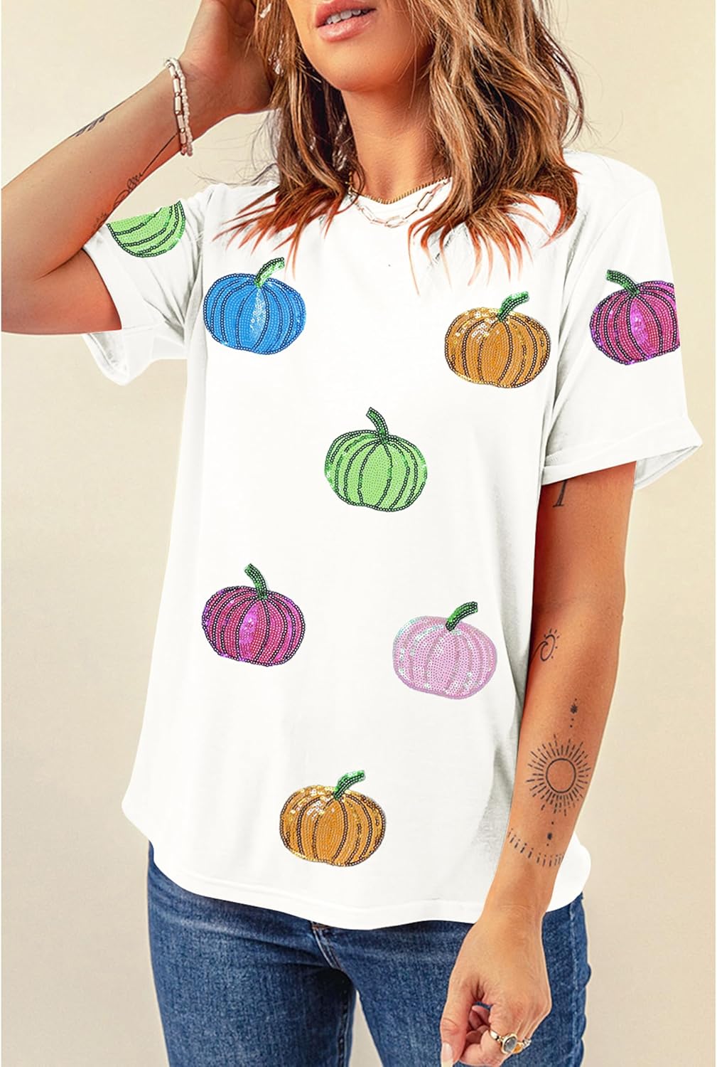 SELINK Womens Summer Short Sleeve Tops Halloween Sequin Pumpkin Printed T Shirts Casual Basic Graphic Tees - Image 5