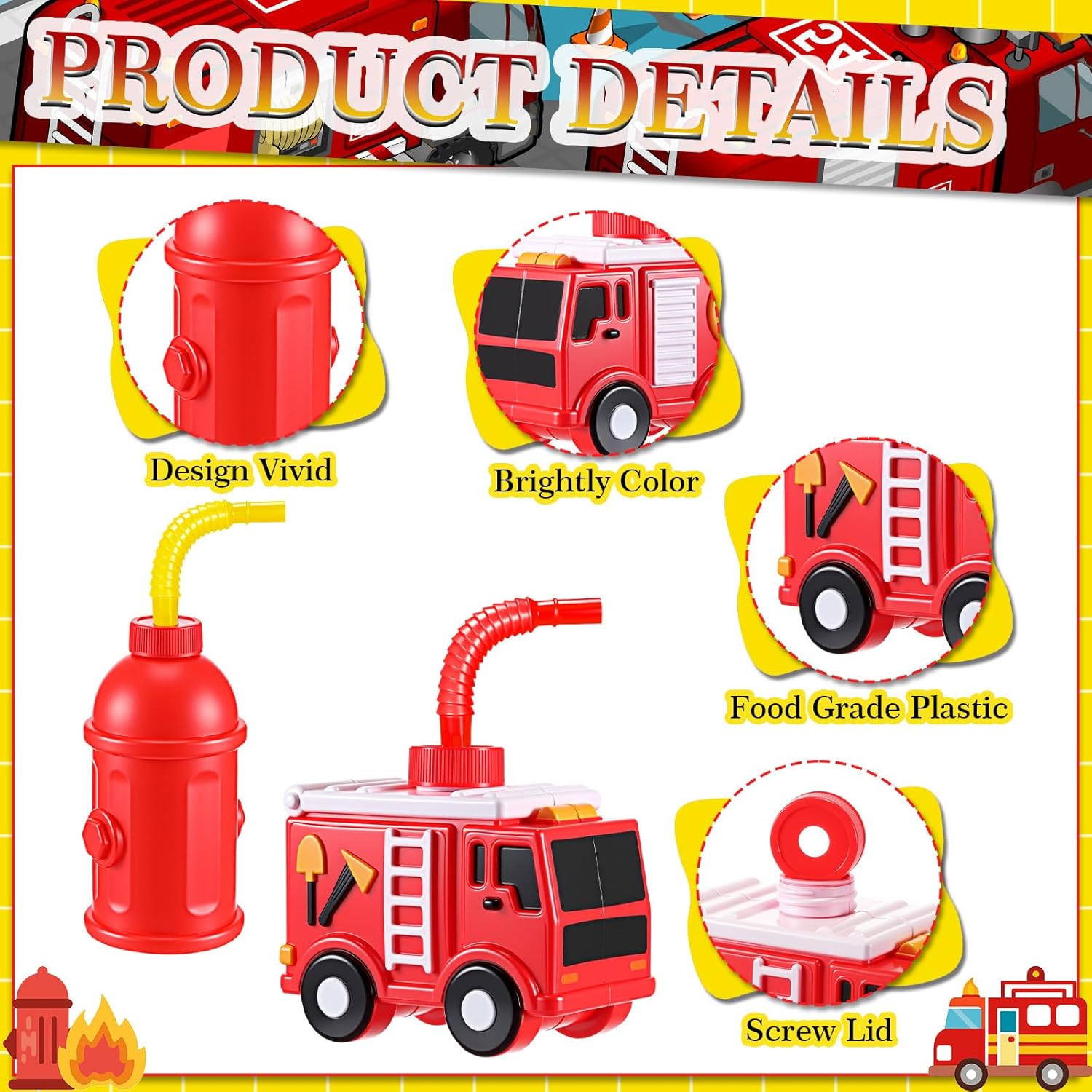 Tanlade Firefighter Party Favor Supplies Red Plastic Fire Truck Cups Cute Fire Hydrant Cups with Straws Reusable for Firefighter Birthday Party (12 Pcs)