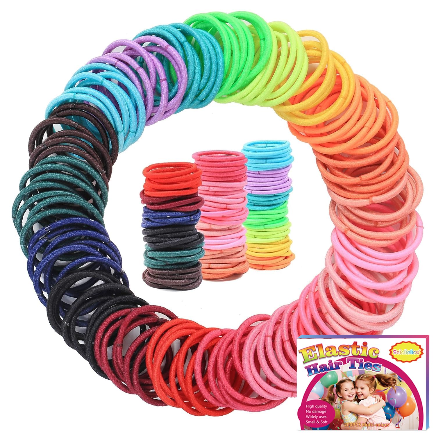 200PCS Elastic Hair Ties for Thin Hair, Small No-Crease Ponytail Holders for Kids Baby Toddler, Multicolor Girl Hair Accessories, Mini Hair Elastic with Storage Box & Colorful Gift Box