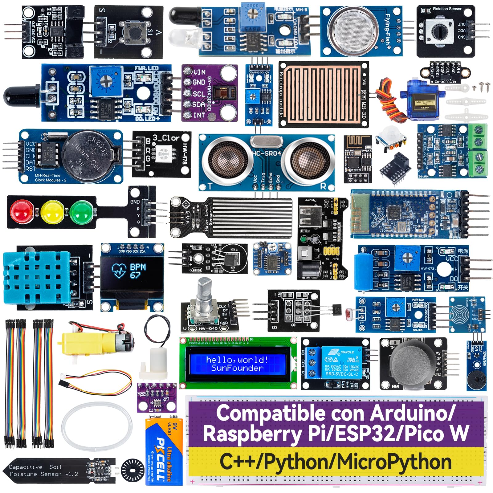 SunFounder Kit de Sensor Universal Compatible con Arduino Mega/R3/R4 Minima/WiFi Nano, Raspberry Pi 5/4B/3B+/Zero 2 W/, Pico W, ESP32, C++, Python, MicroPython, Principiantes e Ingenieros