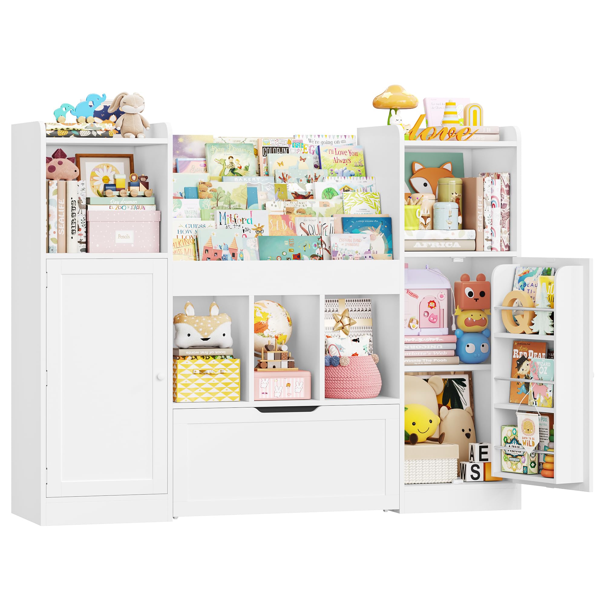 FOREHILL Libreria Montessoriana per Bambini, Organizer Giocattoli con Ripiani della Porta, Mobile Porta Giochi con Portariviste, 1 Cassetto con Ruote, 7 Scomparti Aperti, 140.3x30x108.3 cm (Bianco)
