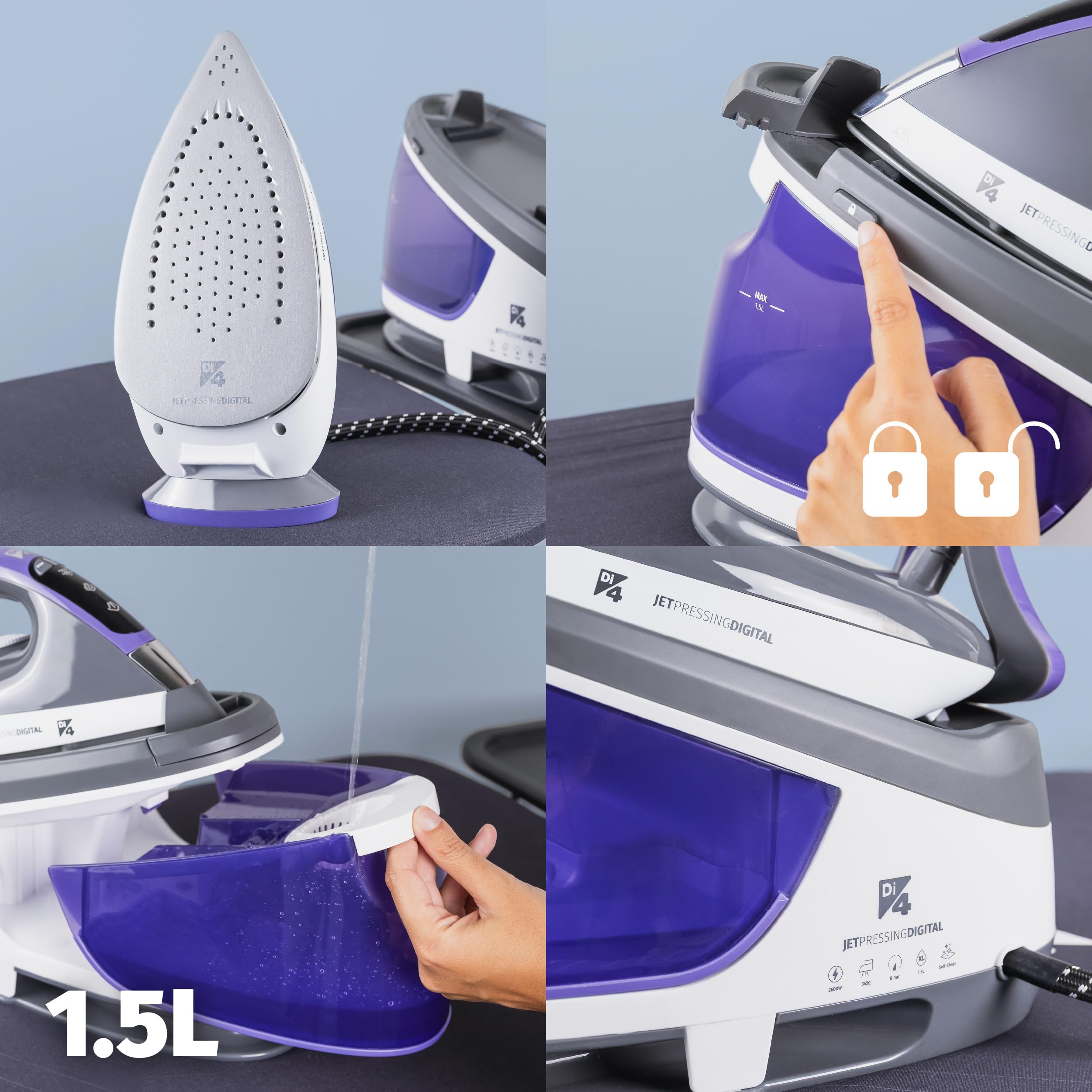 Di4 Centrale vapeur Jet Pressing Digital, Puissance 2600W, 8 Bars, Coup de vapeur 345g, Réservoir amovible XL 1,5L, Semelle céramique, Repassage vertical, Prête en 1 min, Écran LED, Autonettoyage