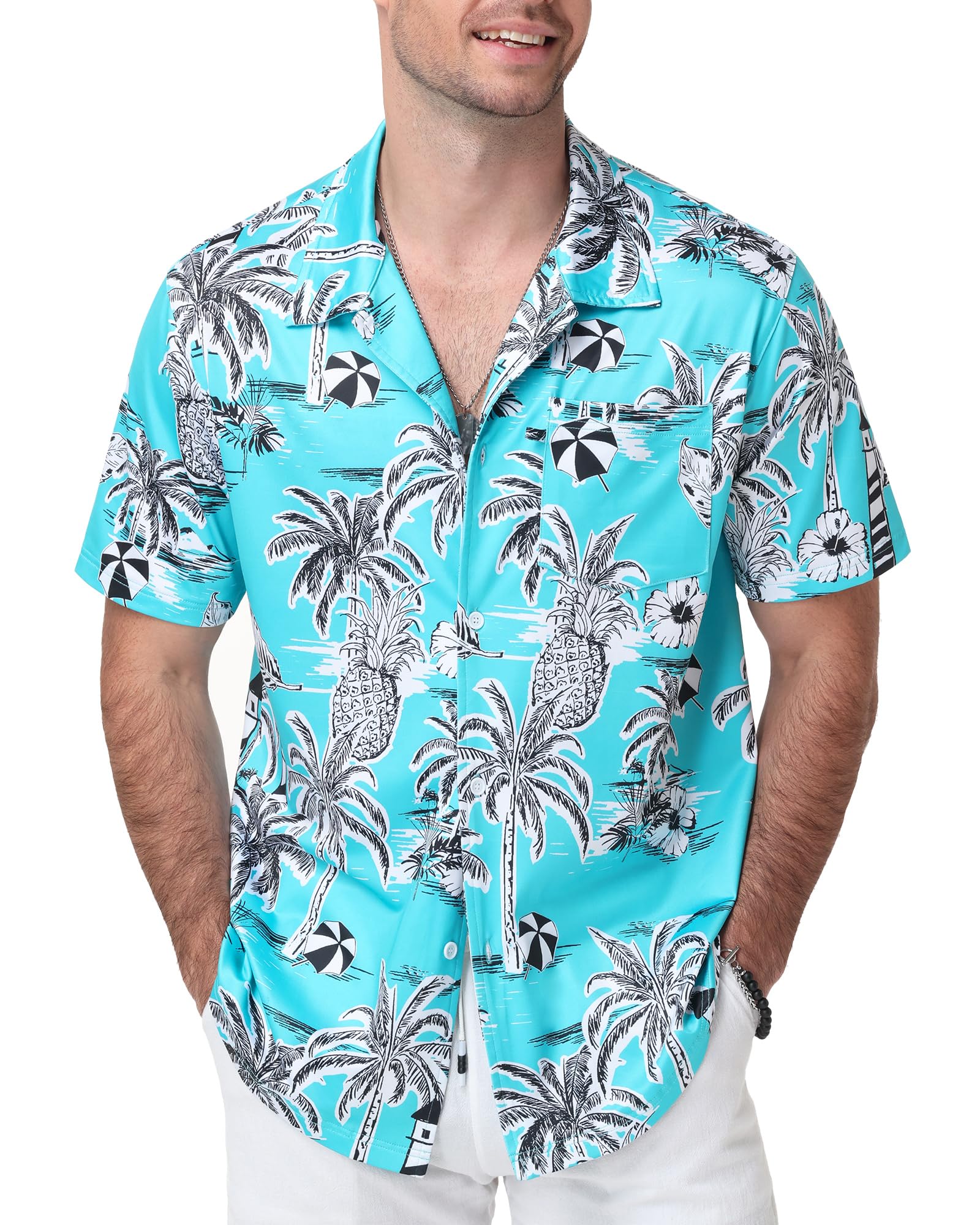 Runhit Hawaii Hemd Männer, Leichtes Sommerhemd Kurzarm mit Brusttasche und Tropischem Print, Atmungsaktiv Strandhemd für Strand Urlaub Alltag