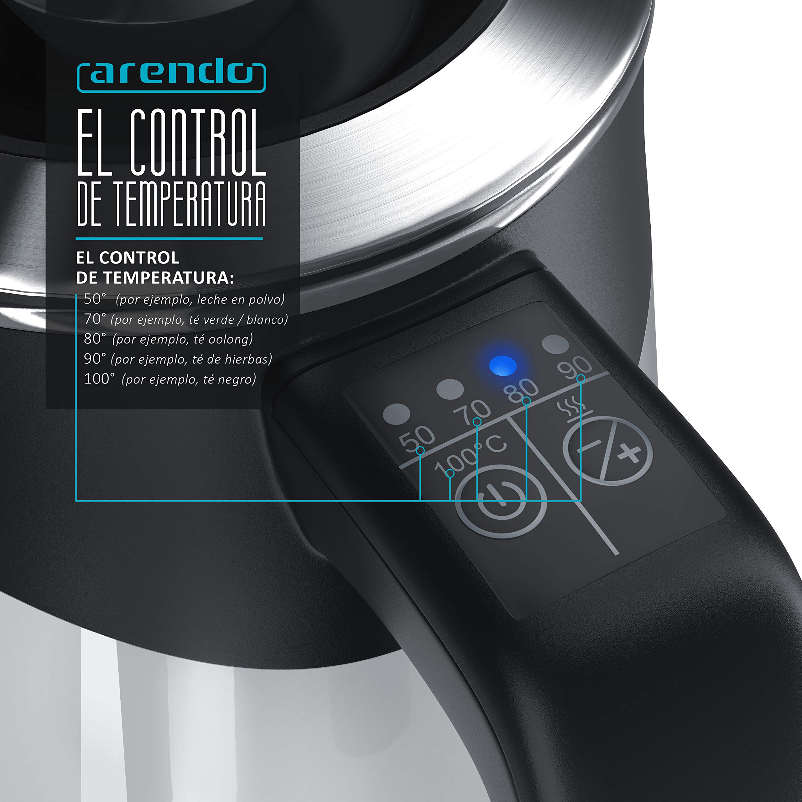 Arendo - Hervidor de agua 0,5 litro - Temperatura seleccionable 50 70 80 90 100 grados - Desconexión automática - Protección contra sobrecalentamiento - Sin BPA