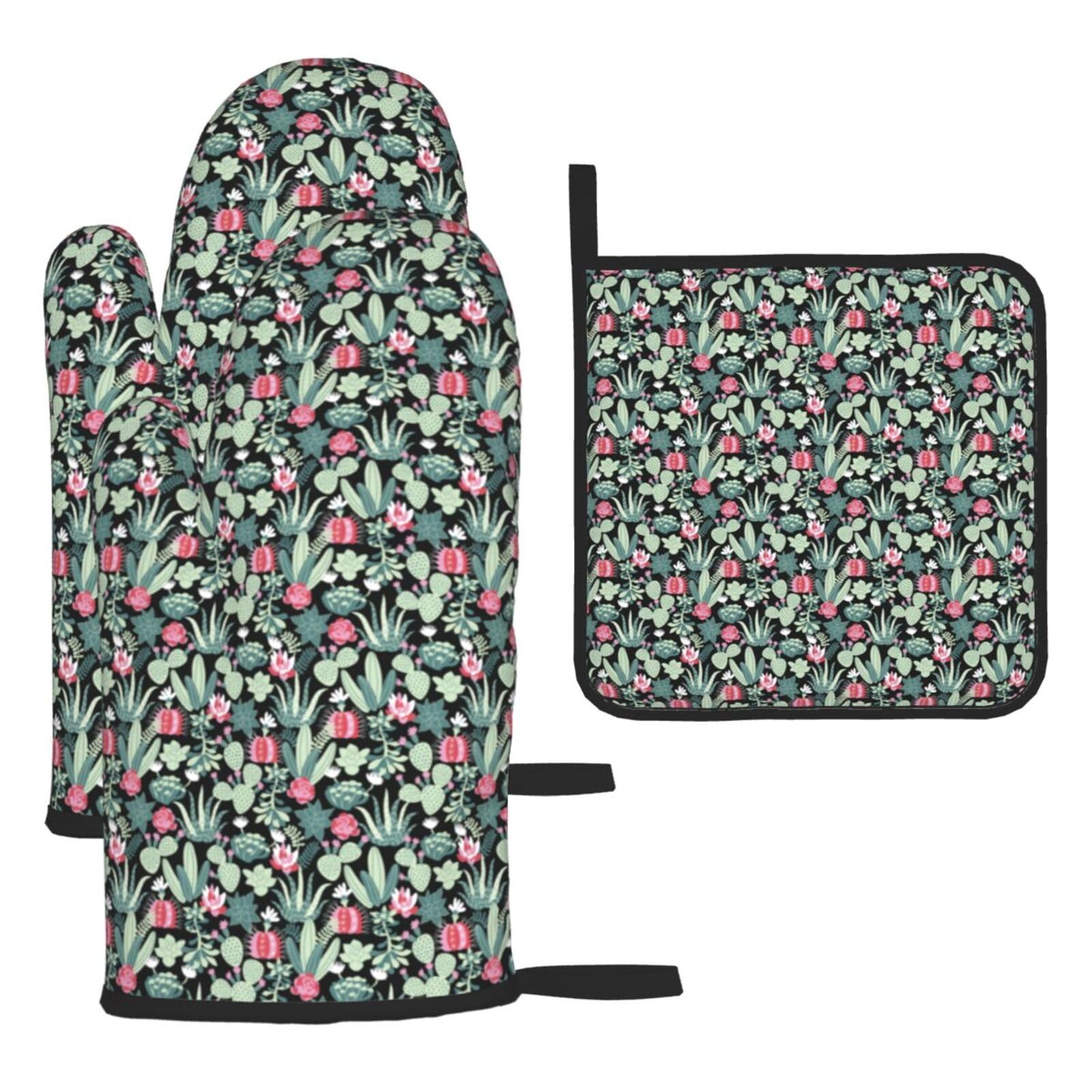 Cactus Print Oven Set Kitchen Gloves Baking Grilling Microwaving Cooking Gift Everyday Holiday
