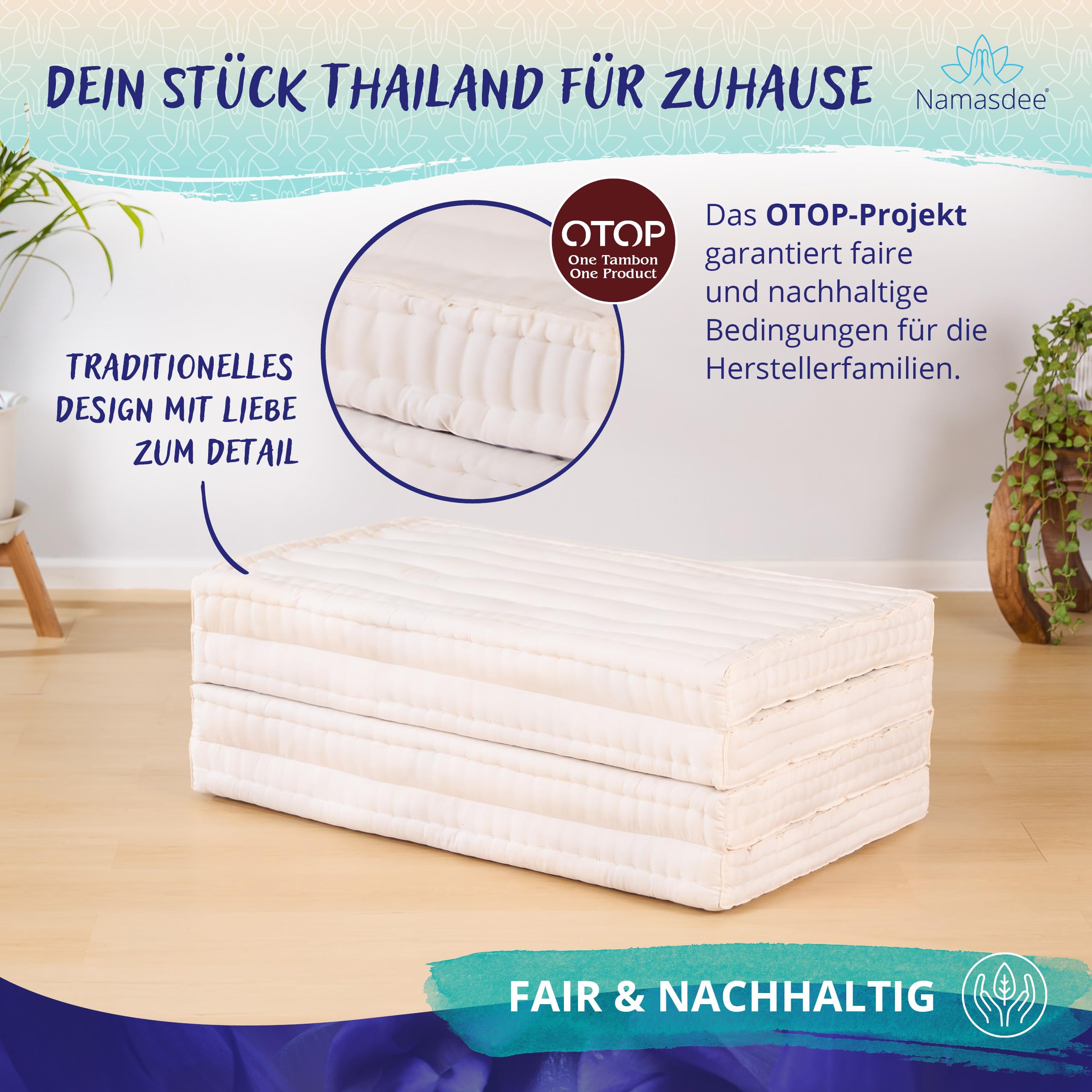 Klappmatratze 200x90x8cm mit 100% natürlicher Kapokfüllung (Weiß Uni)