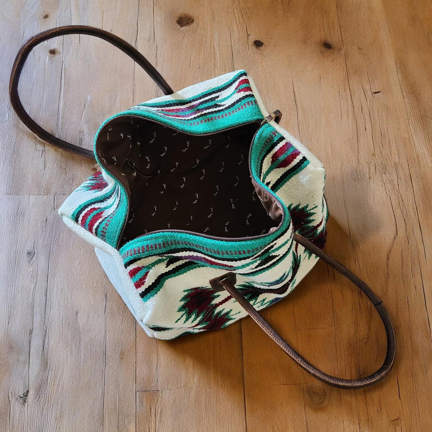 Southwestern Boho Aztec Maren Large Weekender Duffel Bag Handwoven 100% Leather Handles